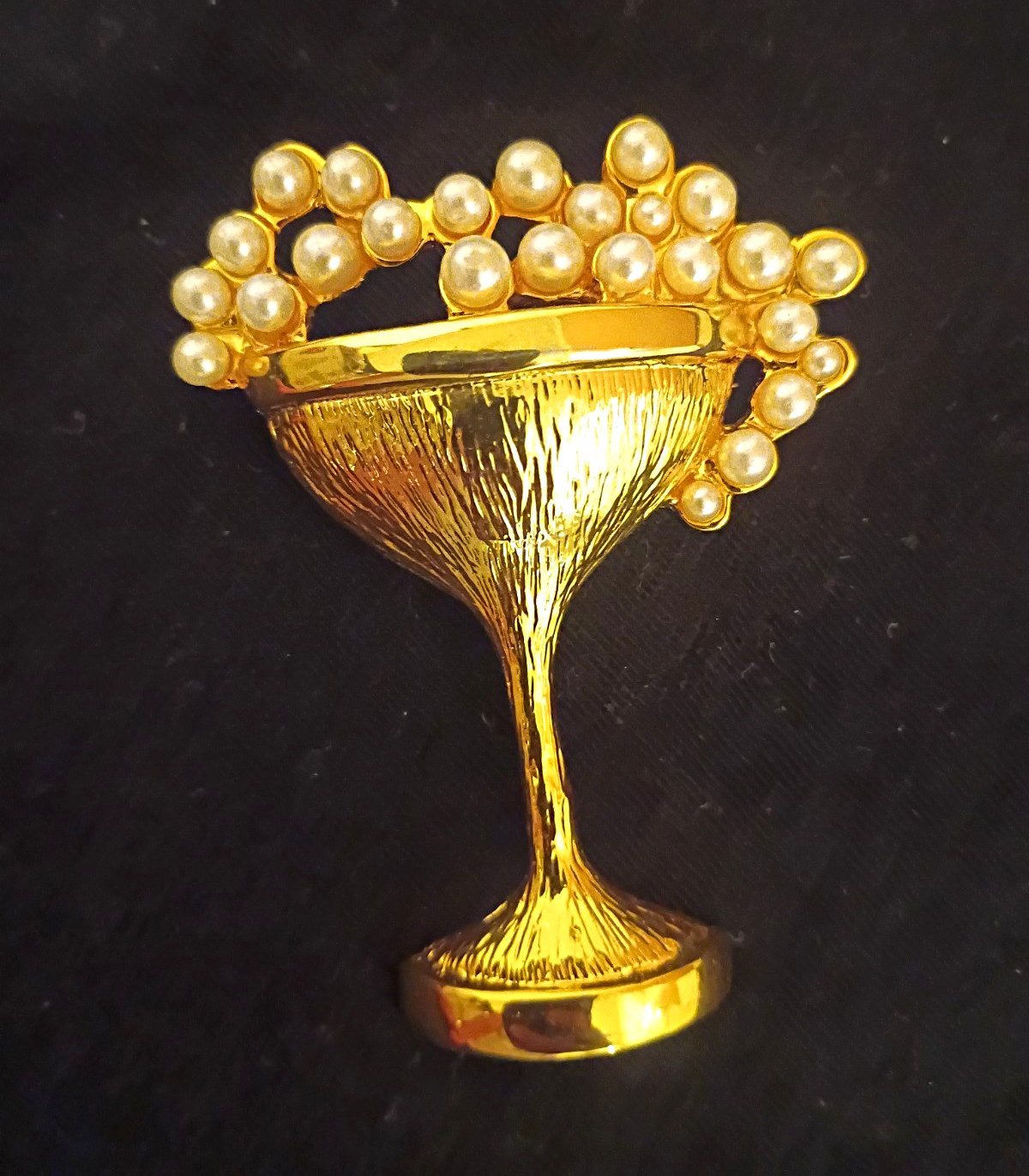 Gold Tone Martini Glass Brooch Pin w/ White Imitation Pearl Accents Cocktail