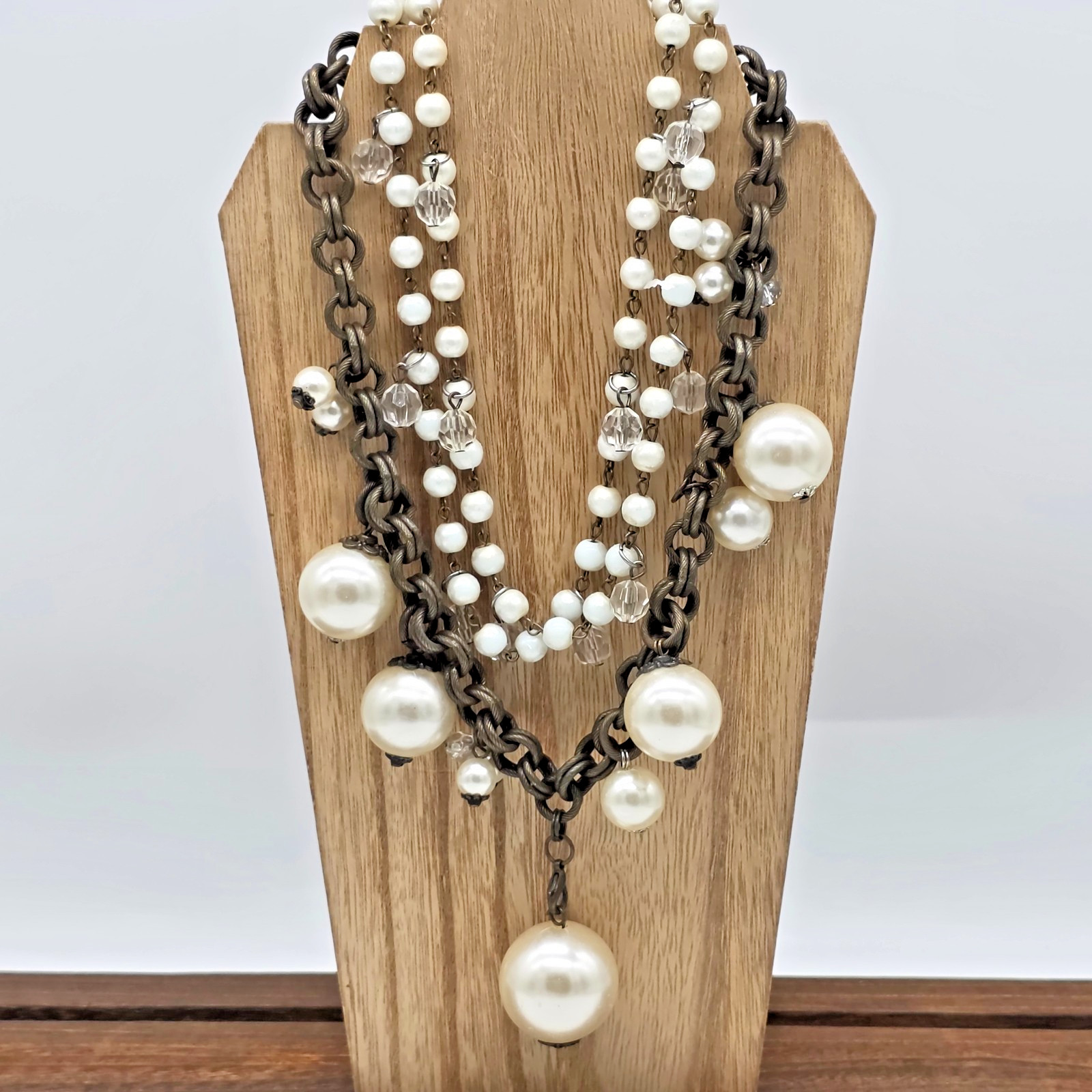 Plunder OLIVIA Layered Bronze Pearl Crystal Necklace Double Rolo Chain 18”