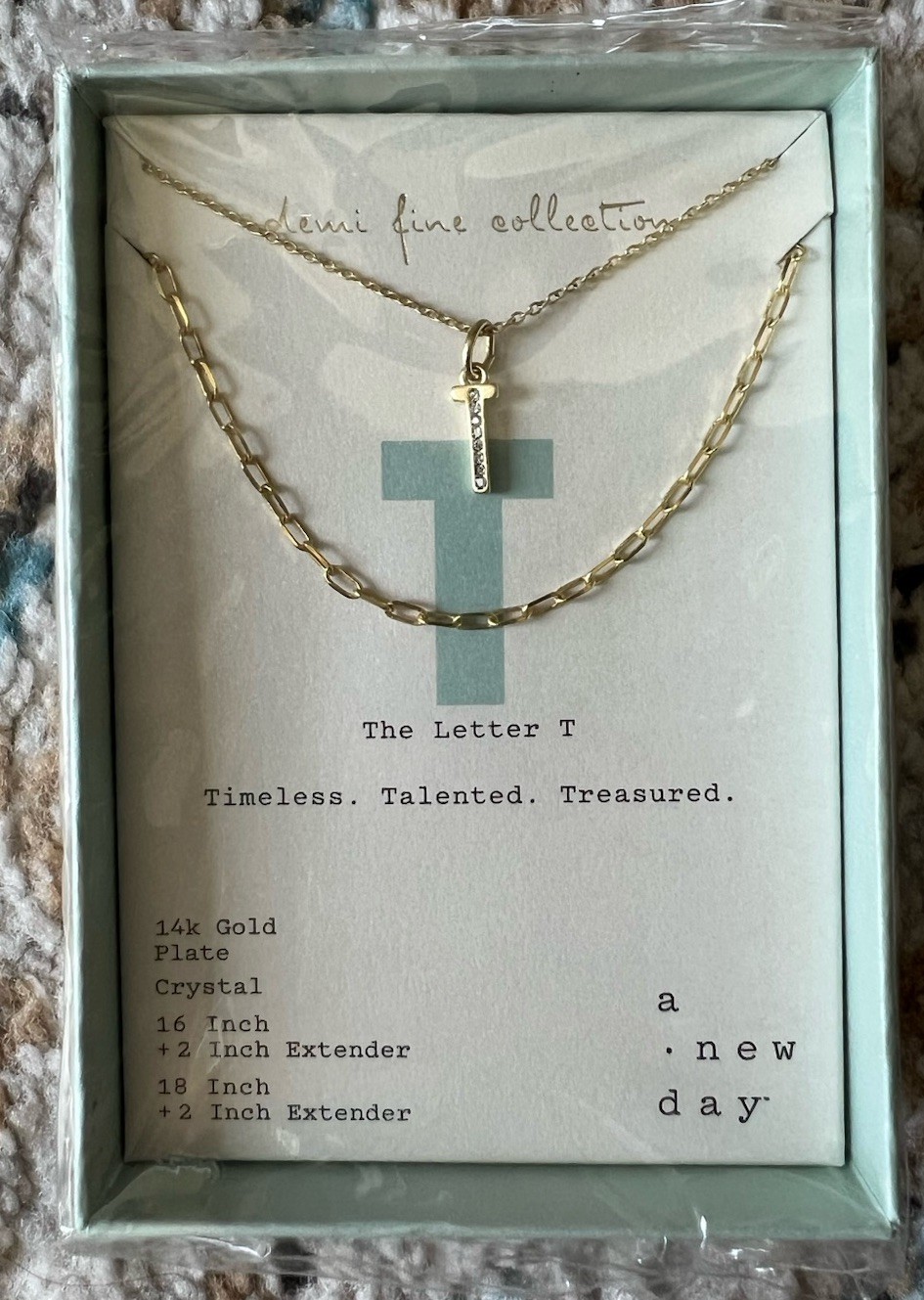 A New Day Necklace 14K Gold Plate 16-2 in Extender Crystal Letter T