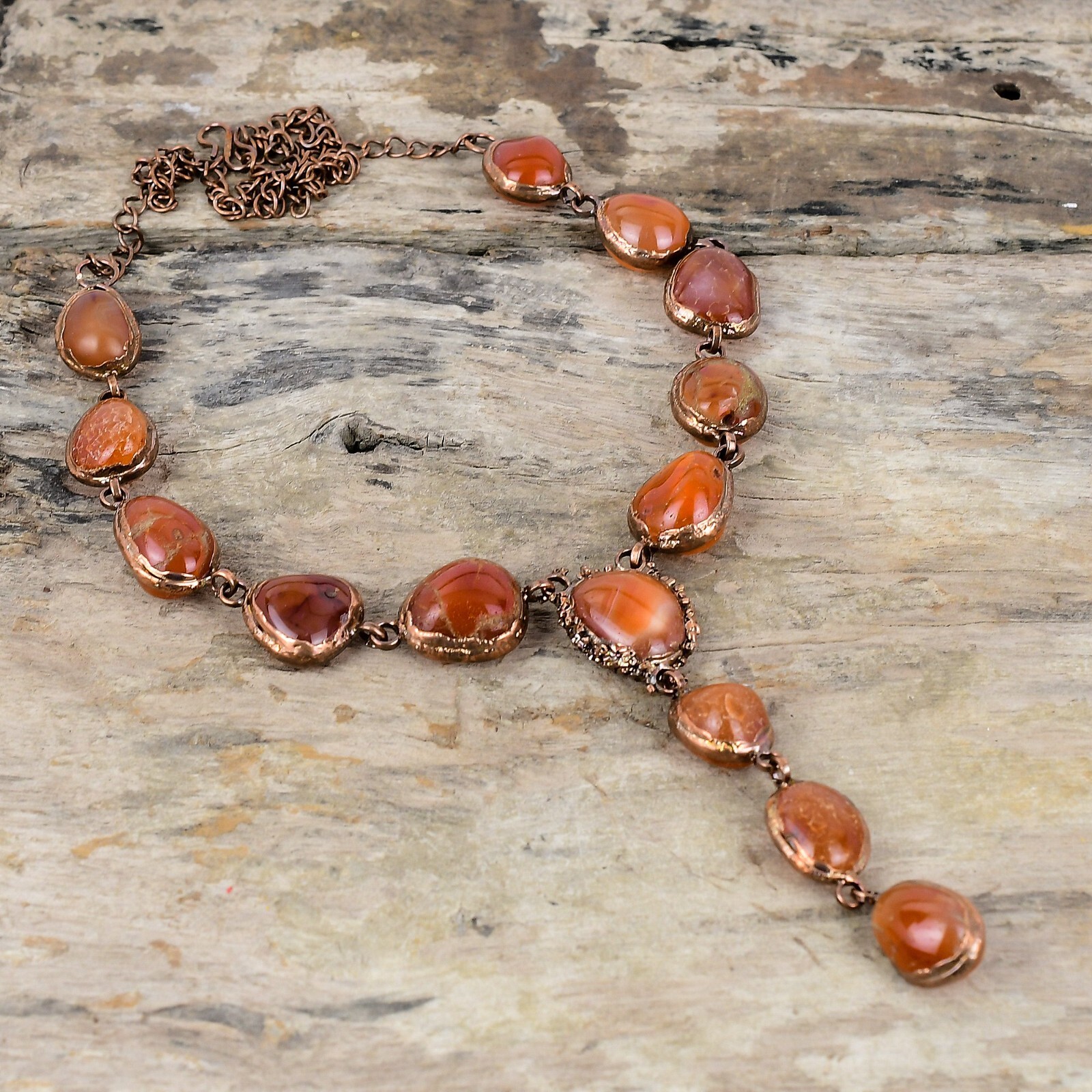 Carnelian Electroformed Chain Adjustable Necklace Handcrafted Copper Gift 18.0″