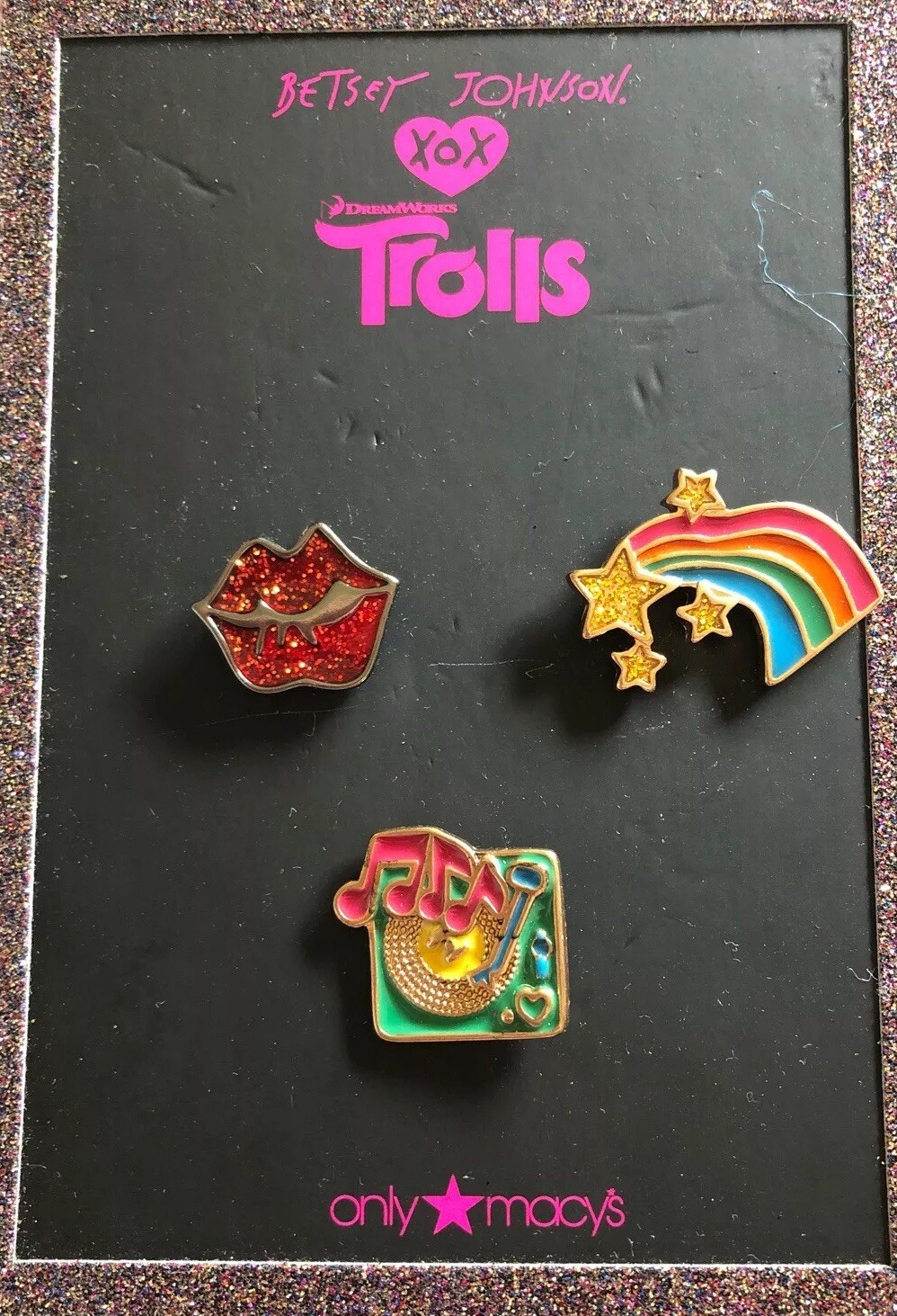 NWT Betsey Johnson XOX Trolls 6 Pins Rainbow Lips Record Player Macy’s Orig. $40