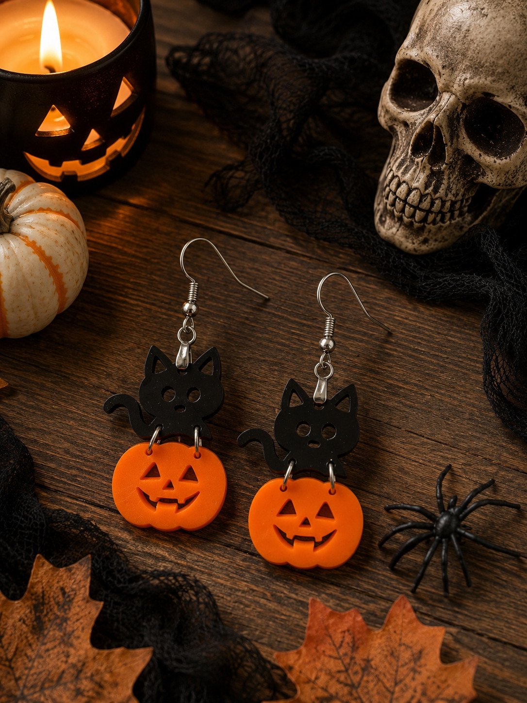 Halloween Black Cat Pumpkin Earrings Acrylic Dangle Handmade
