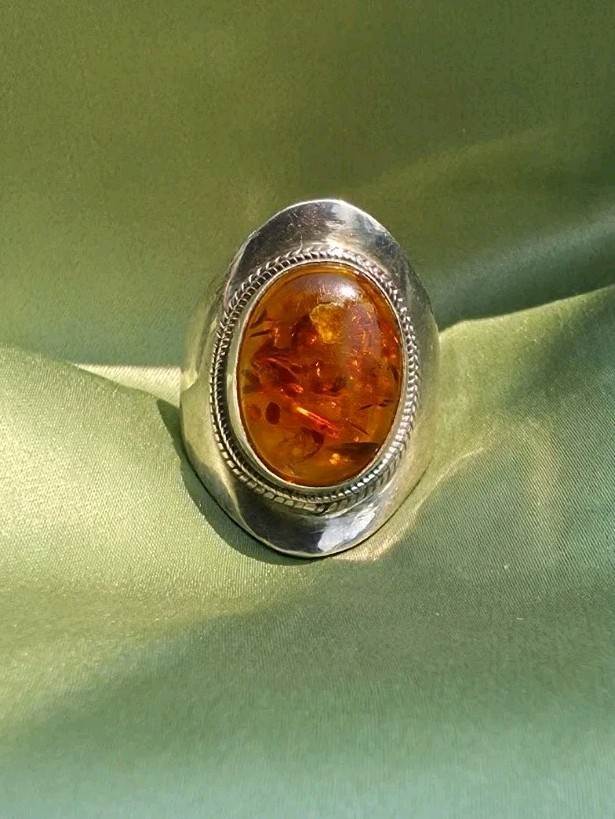 Vintage Silver Bezel Set Oval Amber Cabochon Boho Ring Size 8
