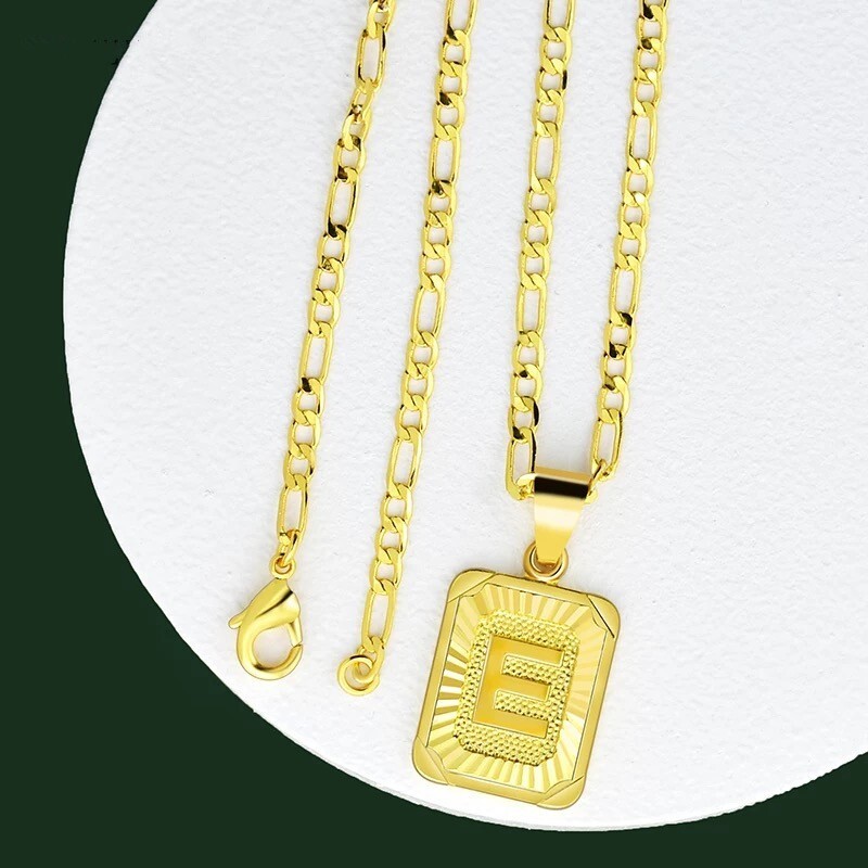 18″ Gold Plated Initial Letter Pendant Necklace Stainless Steel Figaro Chain