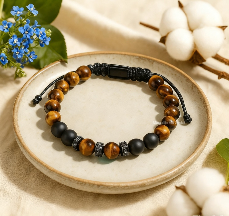 Tiger Eye Black Onyx Beaded Bracelet Healing Protection Energy Women Men Jewelry