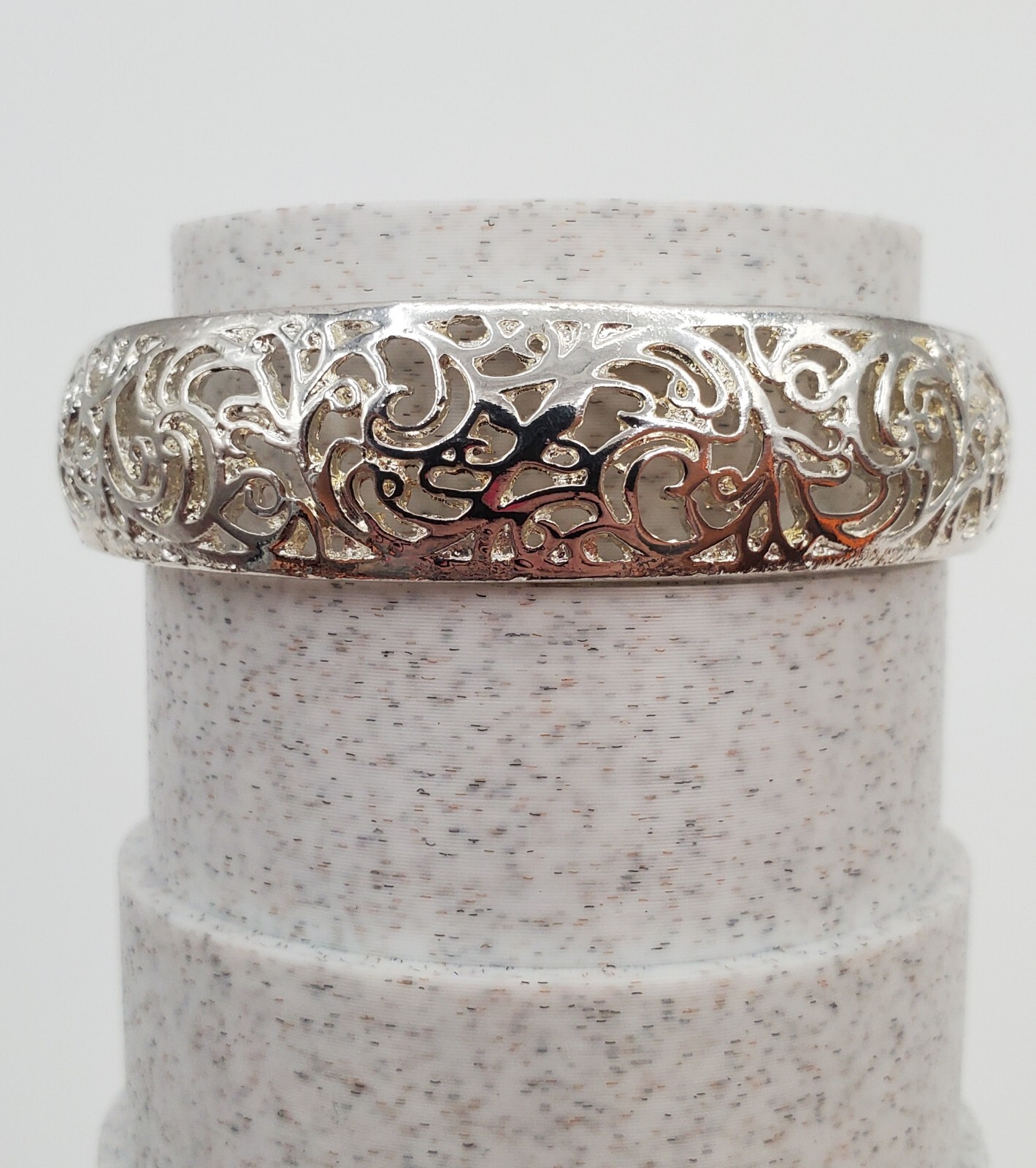Filagree Cuff Bracelet 6in Polished Silver Tone Metal Small Wrist Snug Fit