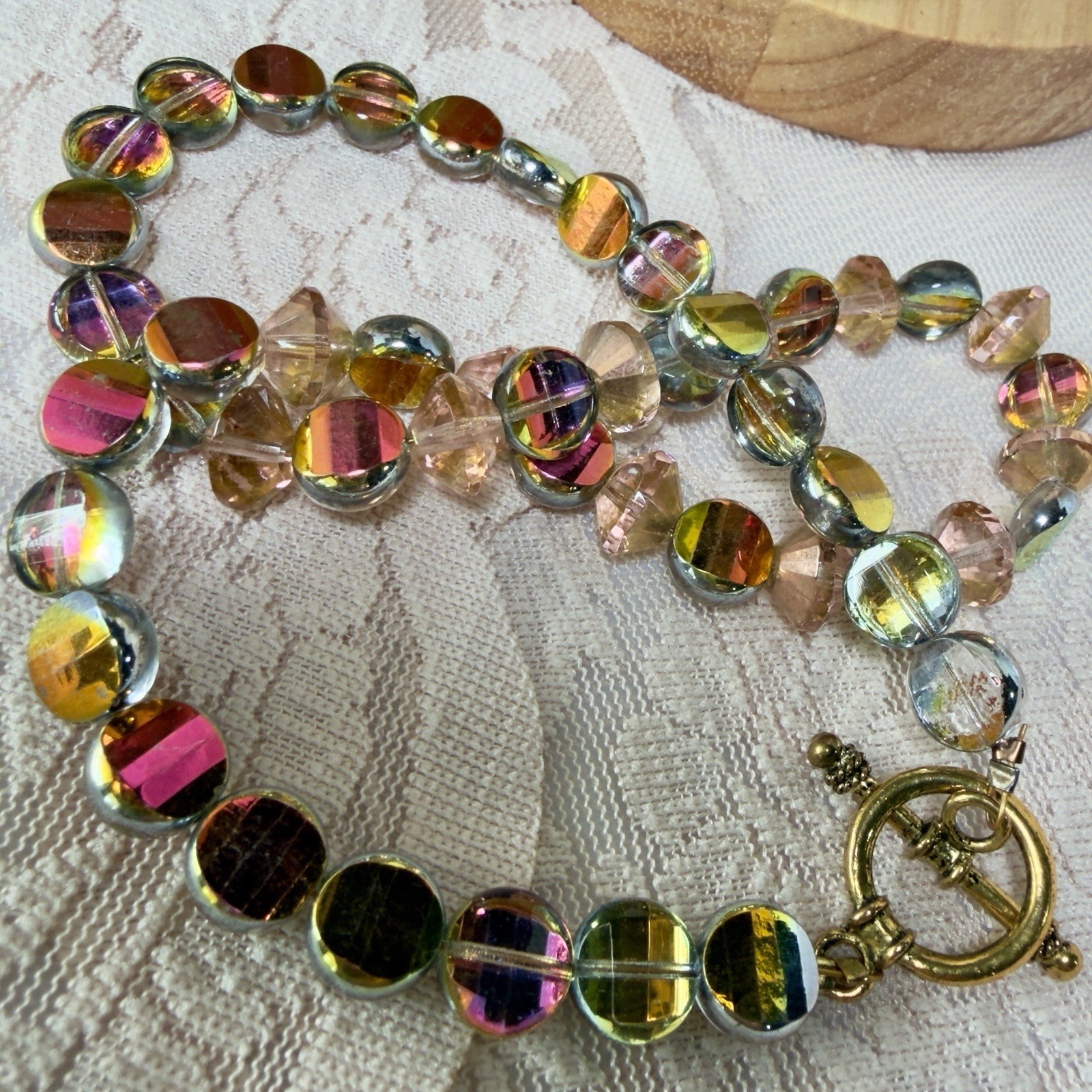 Multicolor Iridescent Round Beaded Statement Necklace Toggle Y2K Glam Gold Toned