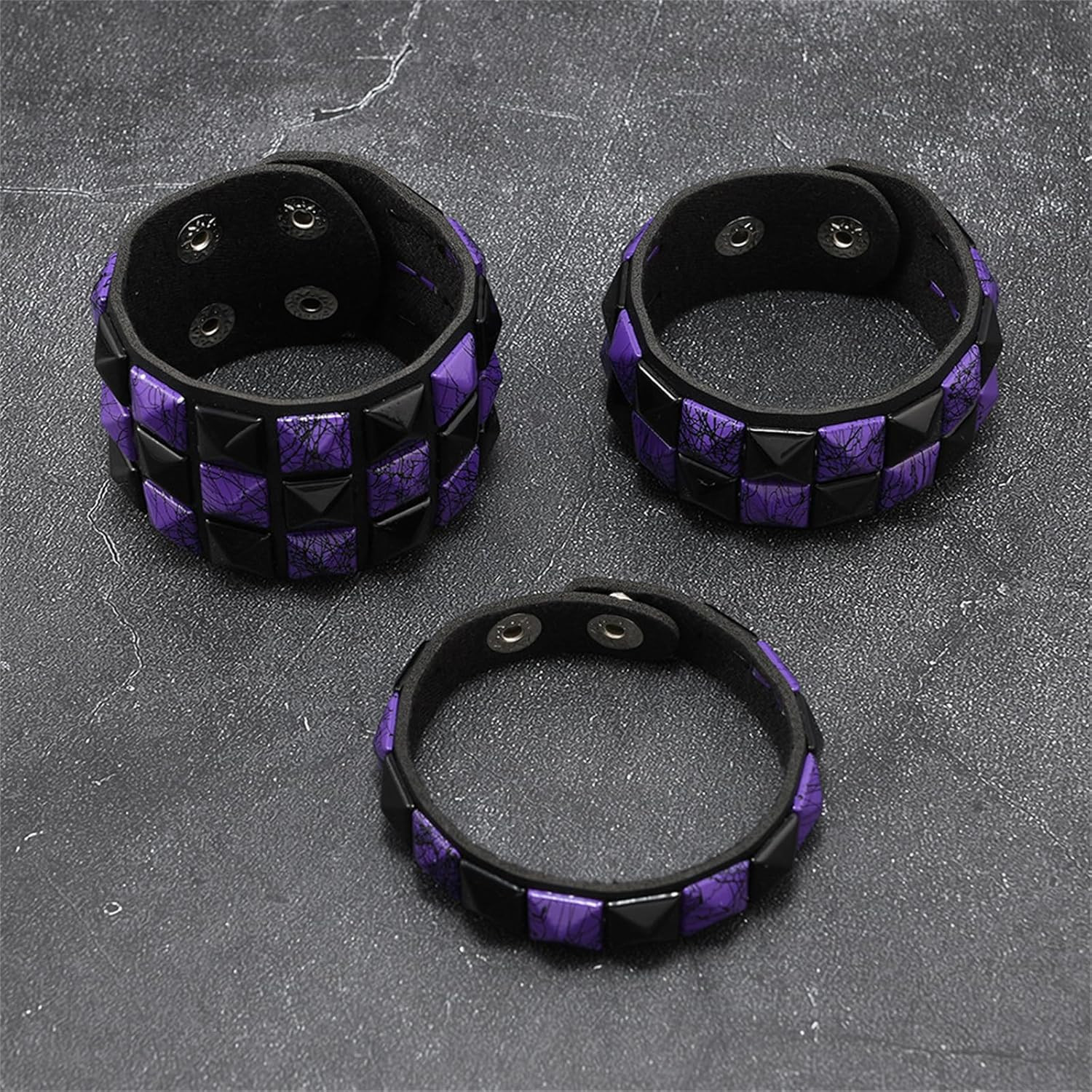 Gothic Punk Checkered Bracelet Set PU Leather Wristbands 3 Pack Balck & Purple