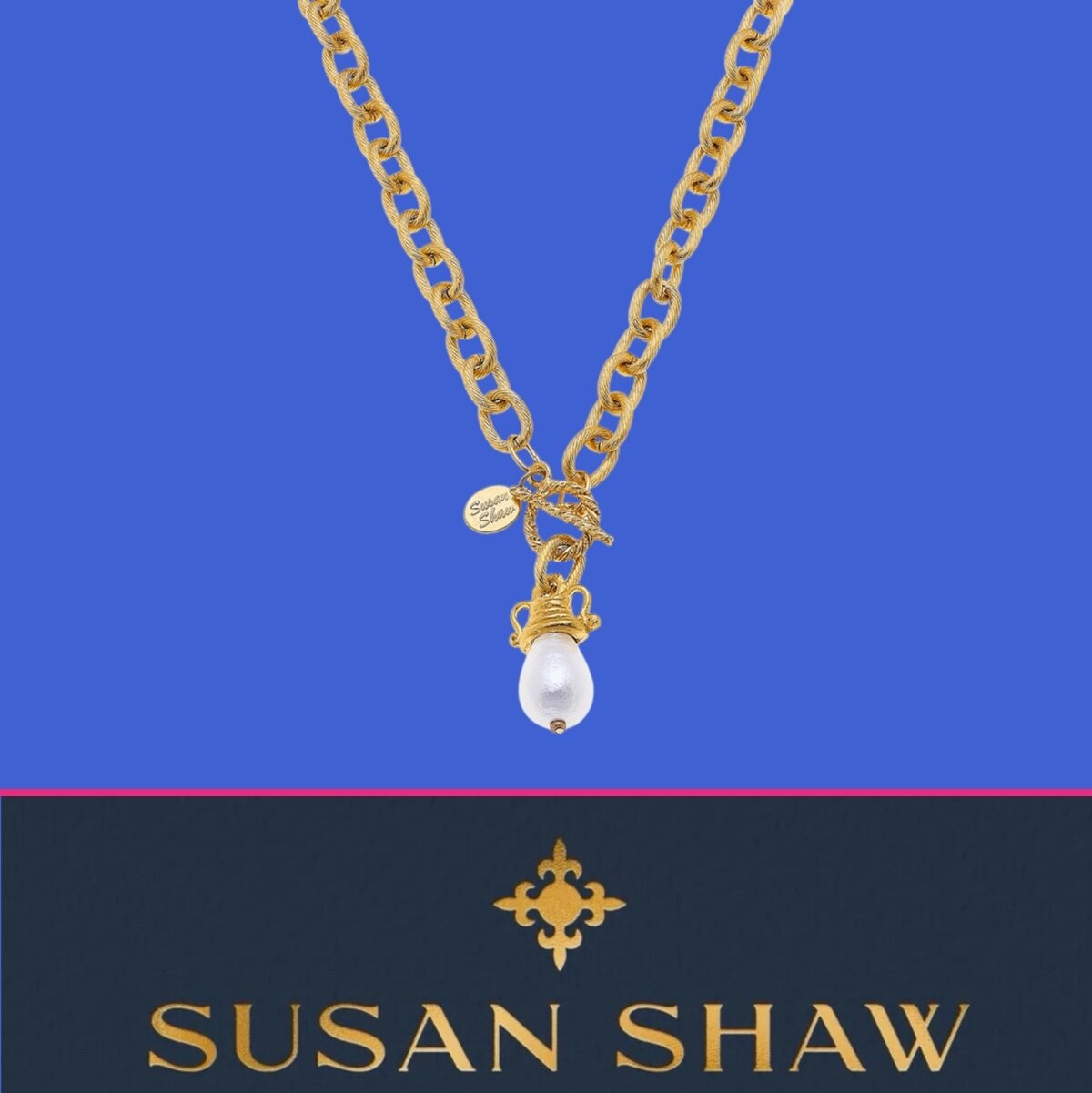 Susan Shaw Necklace Gold Filigree Pearl Loop Toggle Chain Jewelry 24k TPG