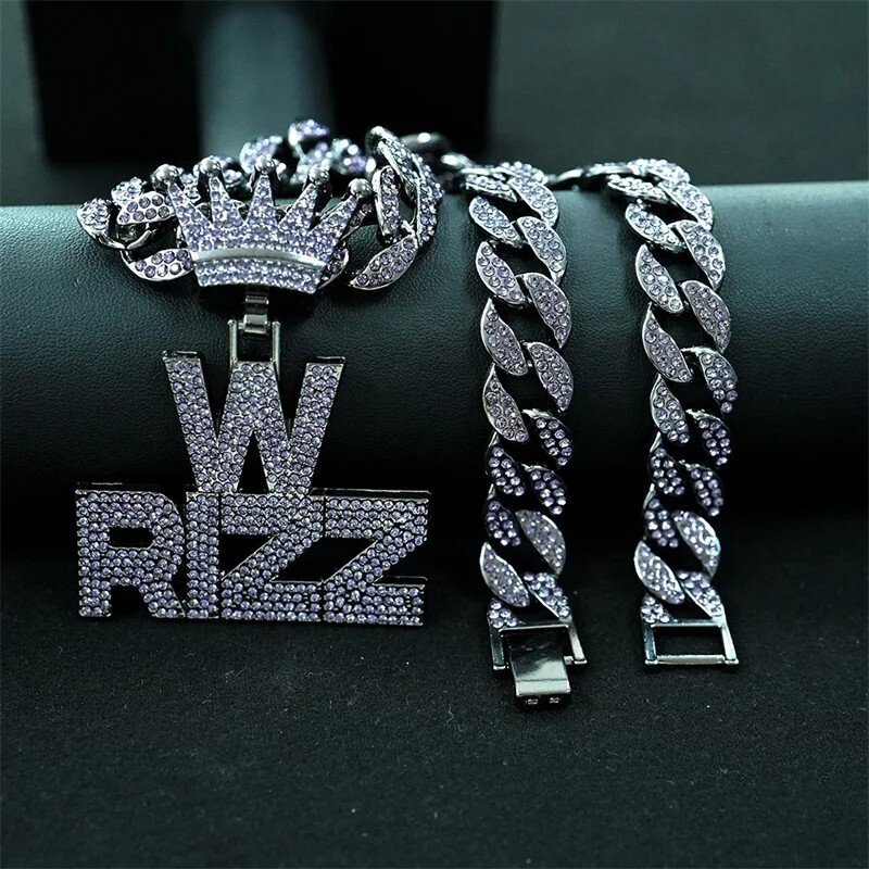 Iced W Rizz Crown Pendant Necklace CZ Bling Hip Hop Miami Cuban Link Chain Mens