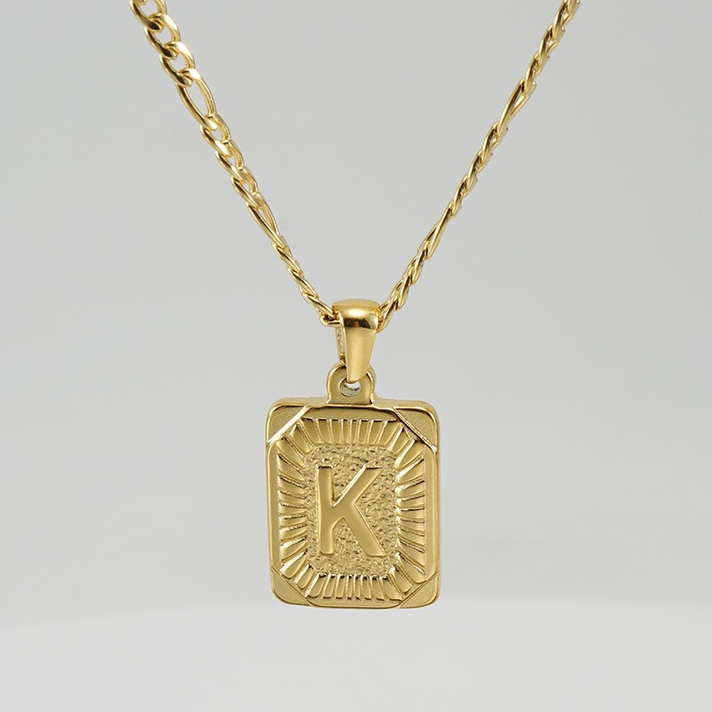 18″ Gold Plated Initial Letter Pendant Necklace Stainless Steel Figaro Chain