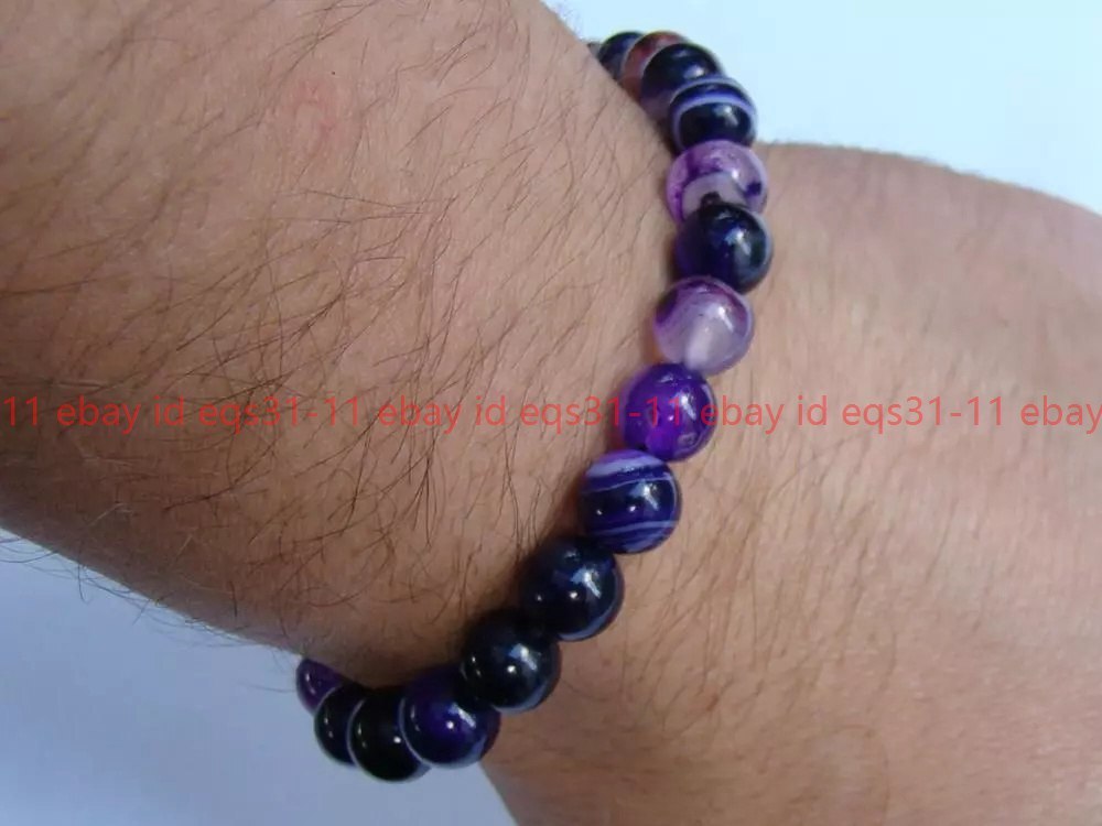 Natural Stone Purple Crystal Agate Beads Elastic Bracelet Women Men Jewelry Gift