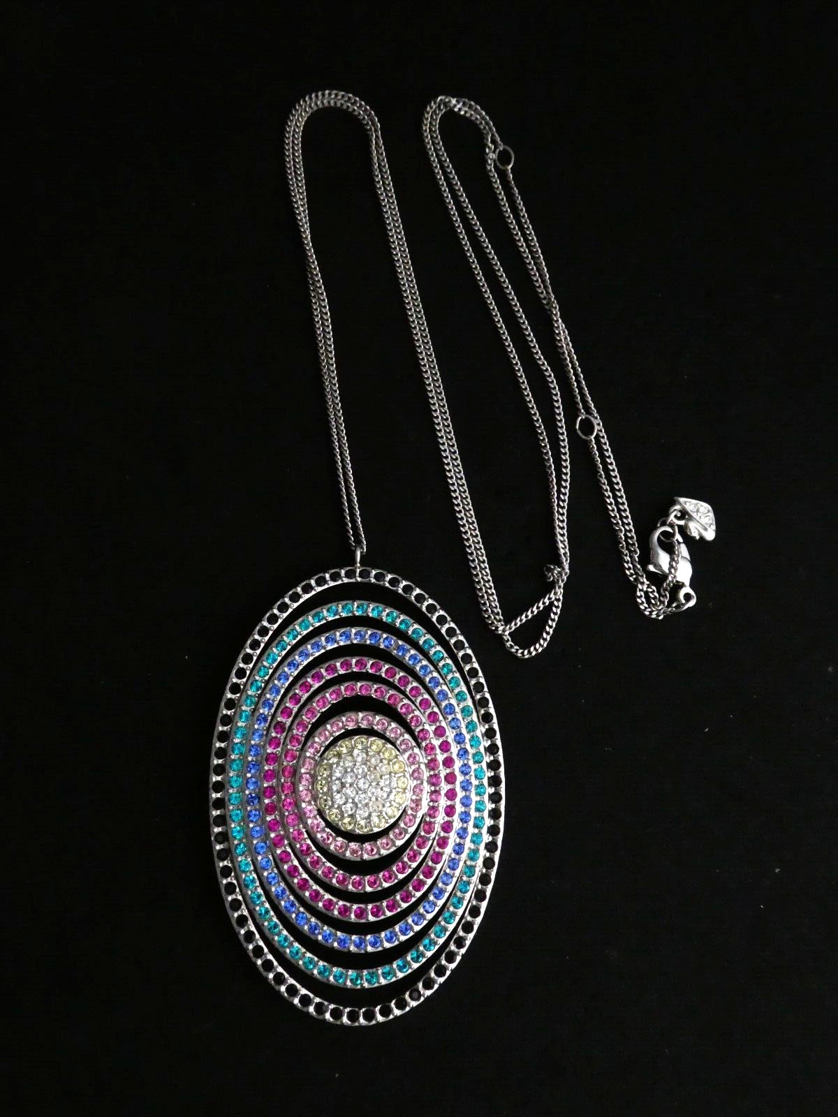 Swarovski Palladium Plated Large Oval Rainbow Crystal Studded Pendant NECKLACE