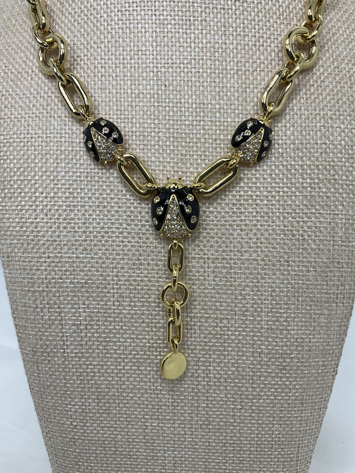 Ann Taylor Gold Tone Ladybug Black Enamel Necklace with Accent Stones NWT