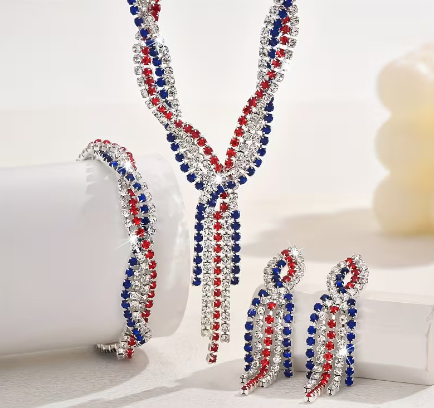 NEW RED WHITE BLUE RHINESTONE DROP EARRING NECKLACE BRACELET SET USA FLAG DESIGN