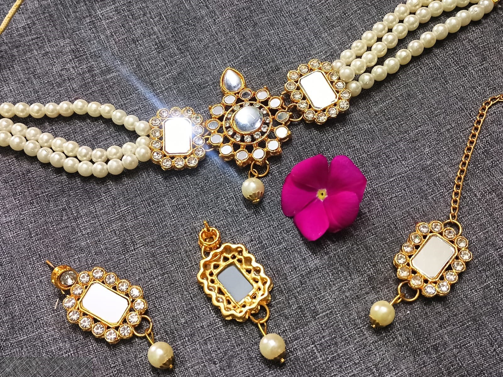 JAYWAR Pearl Mirror Kundan Bracelet Set Earrings Maang Tikka Bridal Jewelry