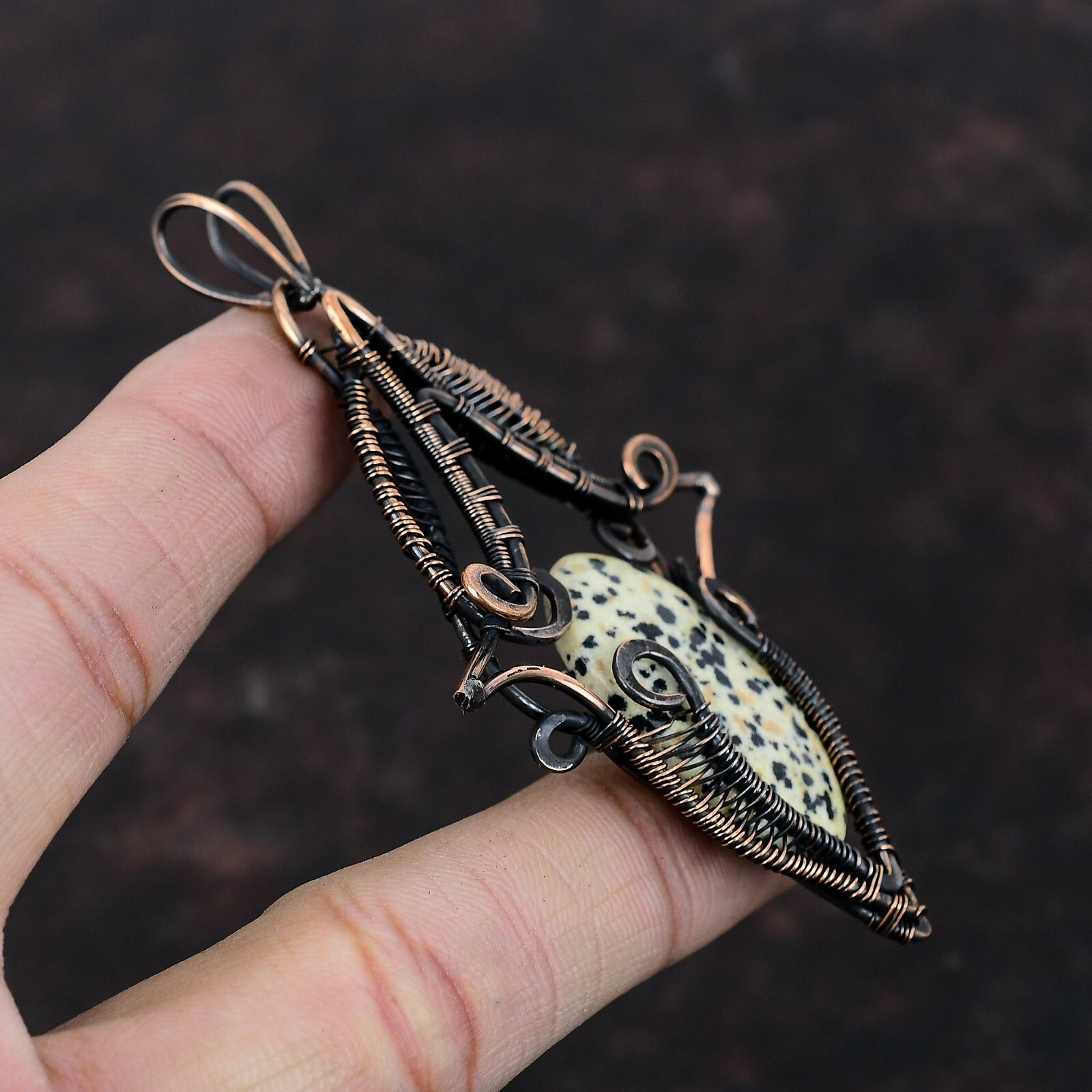 Dalmatian Jasper Gemstone Jewelry Copper Friend Gift Wire Wrapped Pendant 3.58″