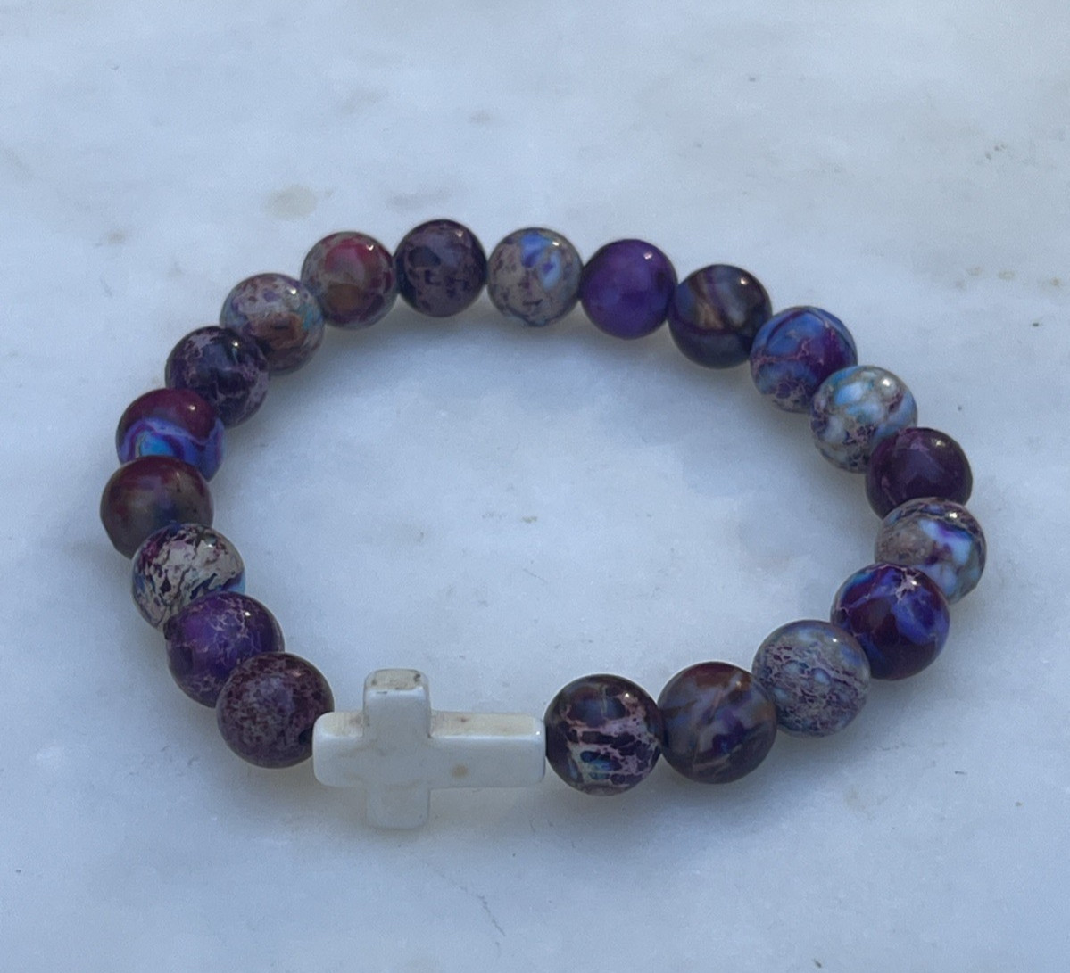 Pull On Stone Beaded Stretch Bracelet with Cross