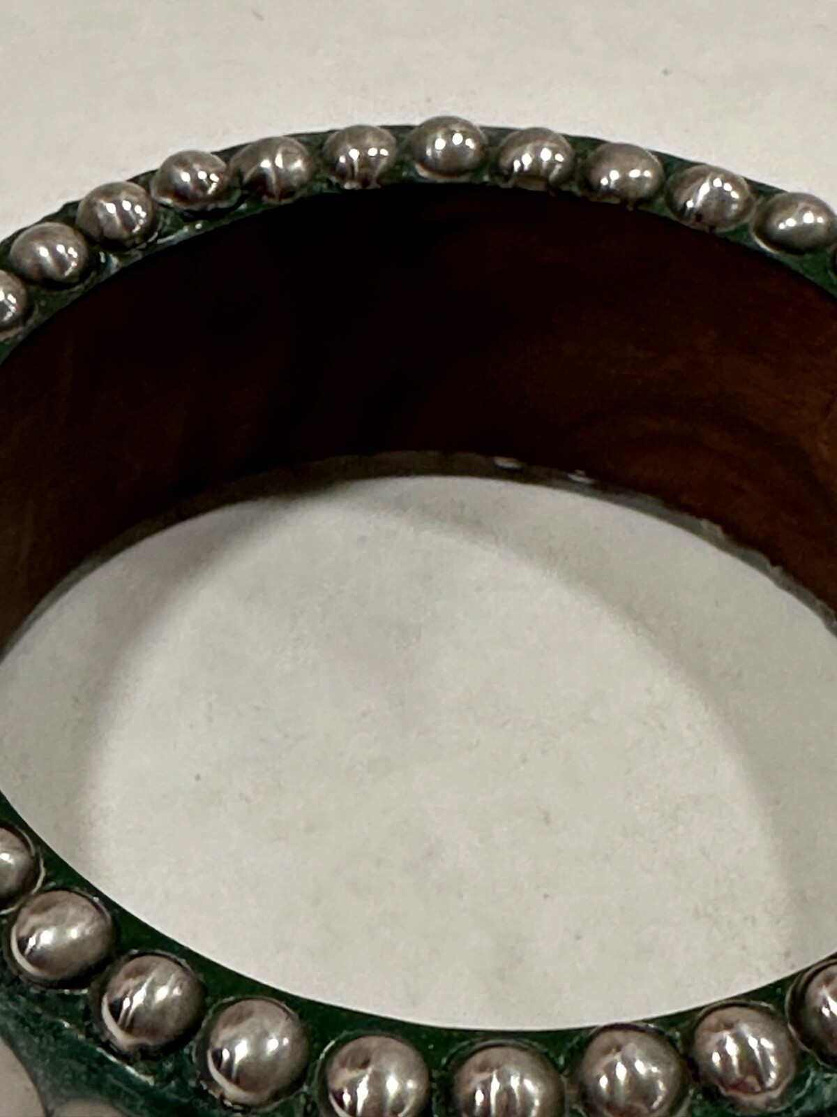 Antika Bangle Bracelet Green And Silver Tone Over Wood 1.5” Wide And 9″ Round