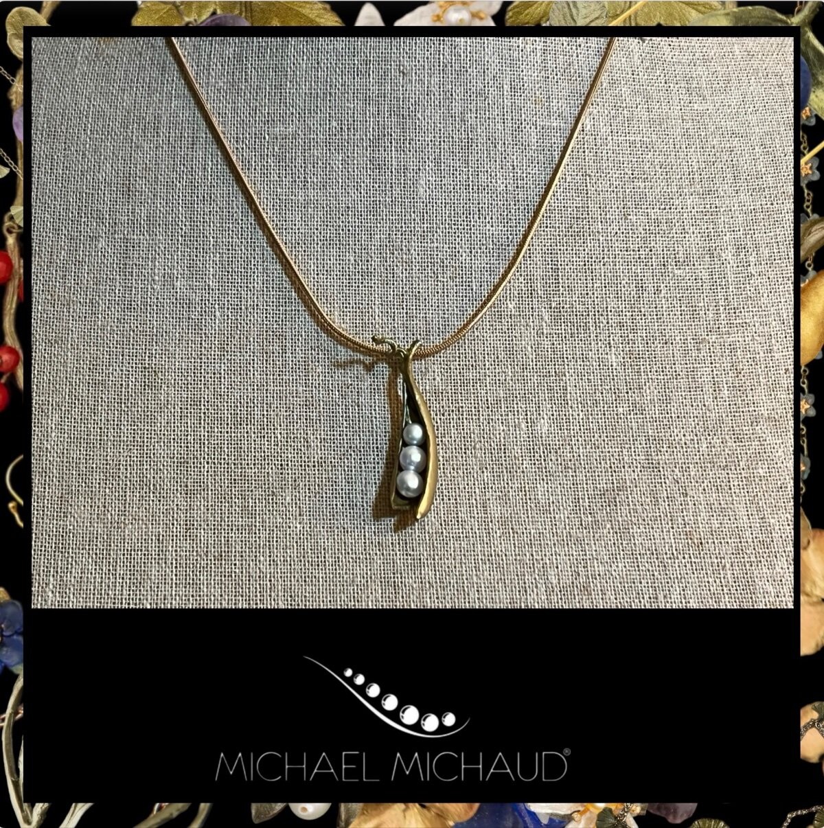 Michael Michaud Pea Pod Pendant 3 Peas Necklace Chain Handcast Botanical Jewelry