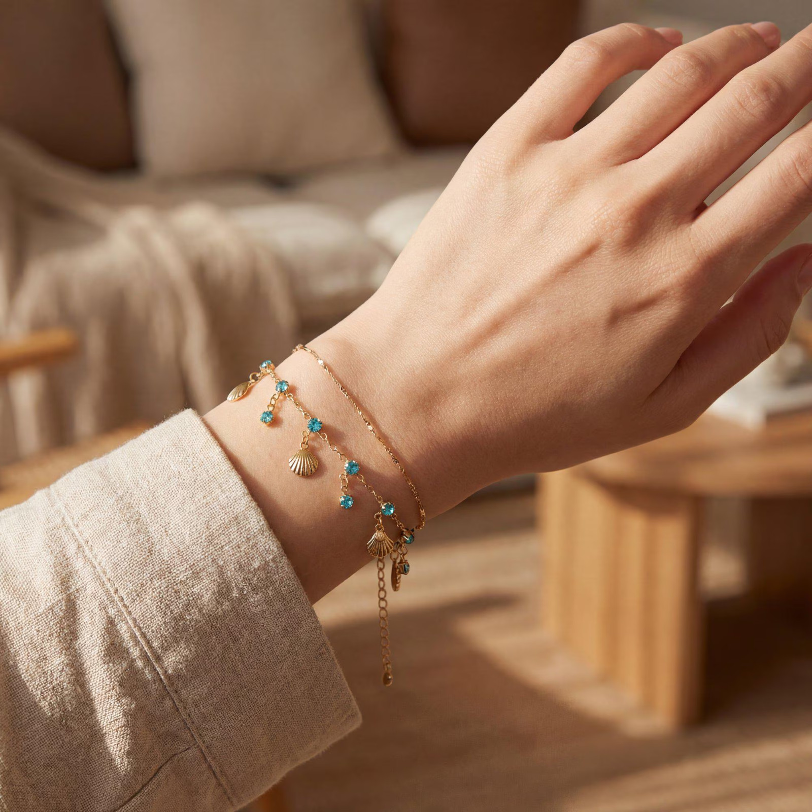 Gold Layered Seashell Bracelet Blue Crystal Boho Beach Charm Jewelry Women