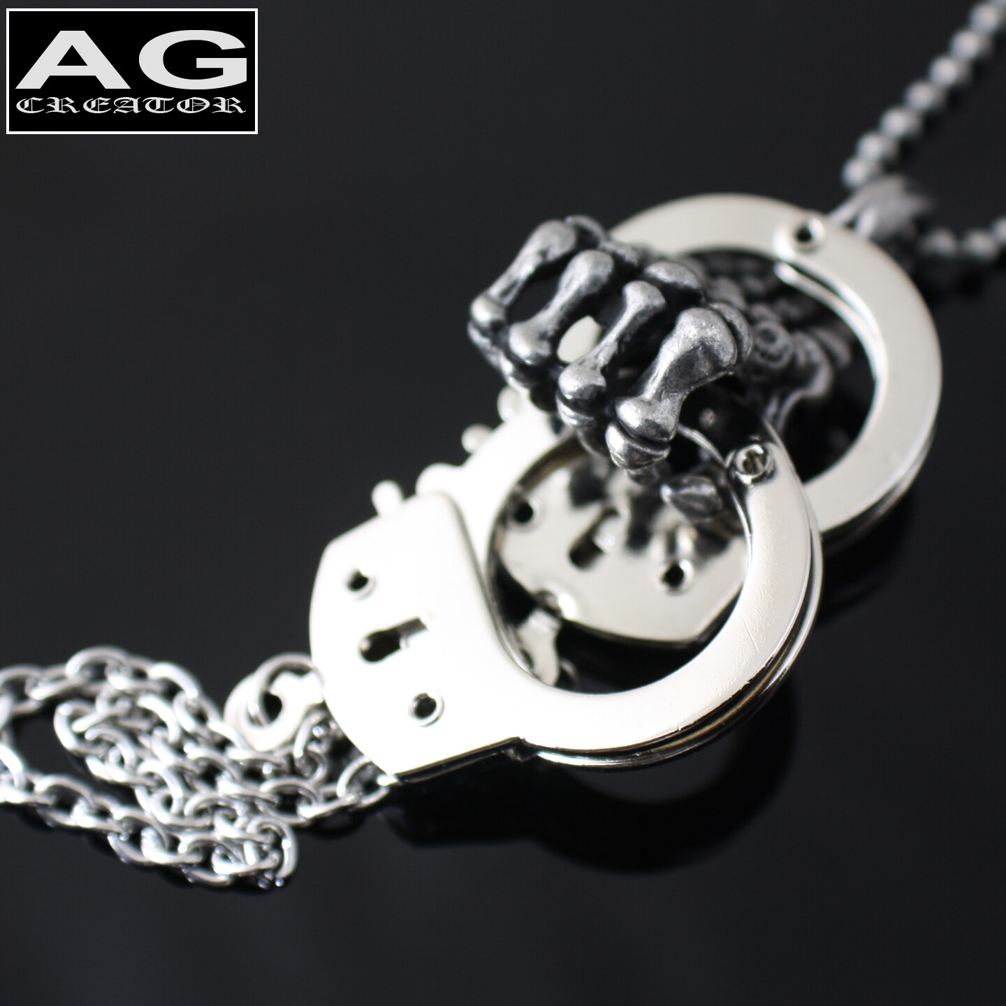 Handcuff Skeleton Hand S Pendant with 26″ Chain Necklace for Men Kids Women