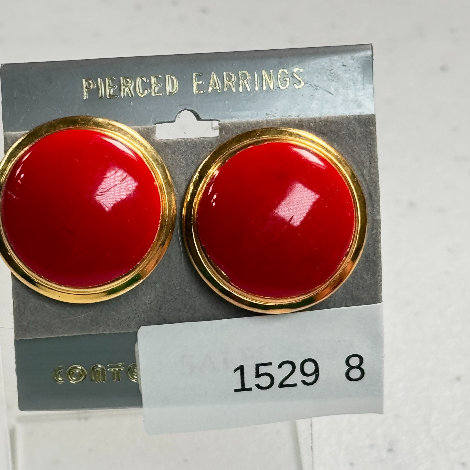 Vintage Pierced Earrings Red Enamel Dome Gold Tone 80s Statement Studs