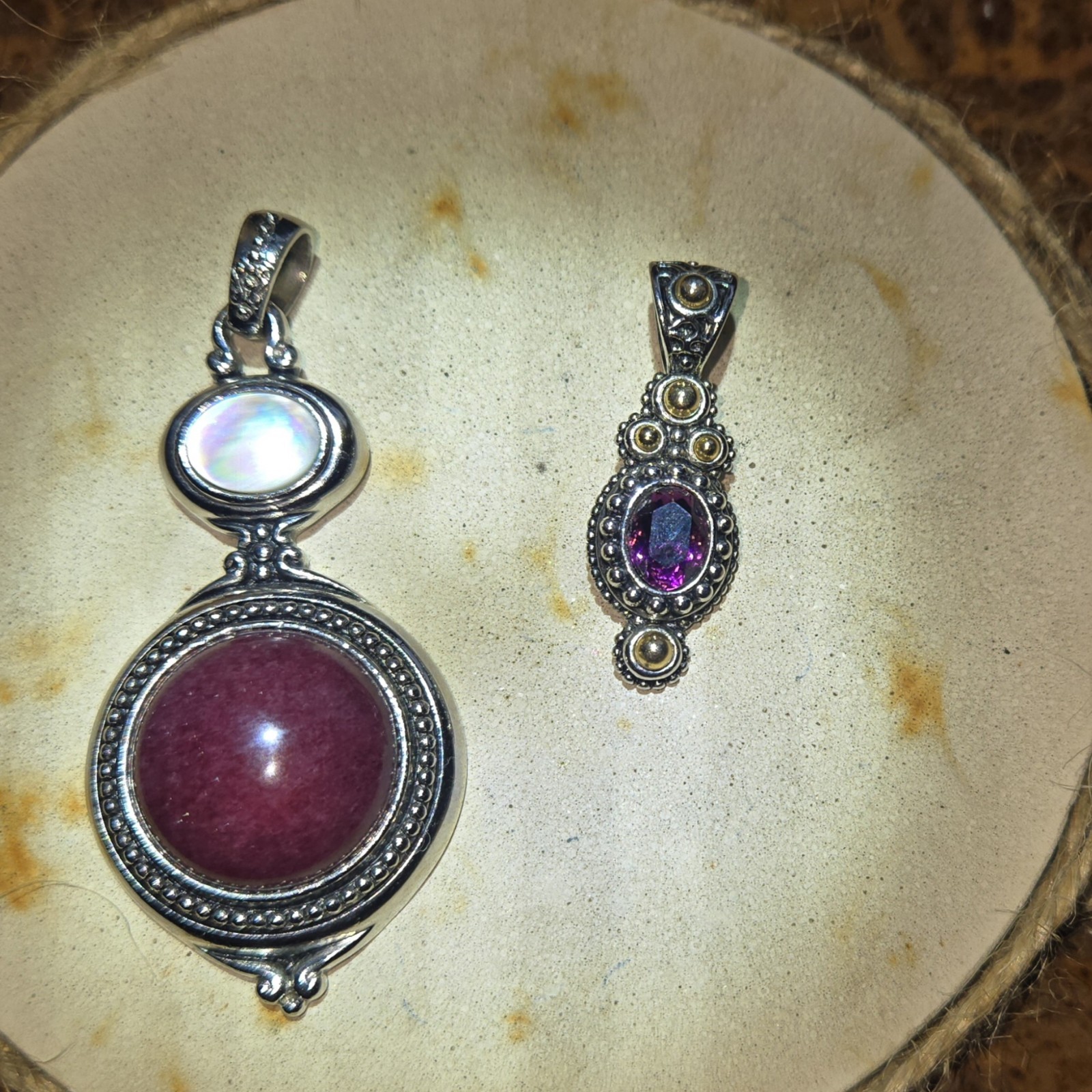 Lea Sophia silver toned slide charms mother of pearl red jasper purple faceted