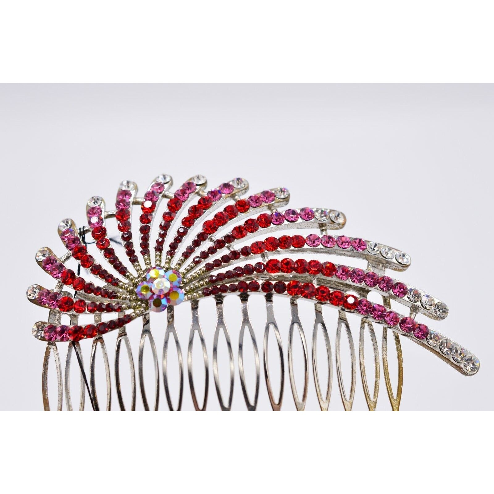 St. Clair Vintage Red Rhinestone Crystal Hair Pin Comb Aurora Borealis Pink