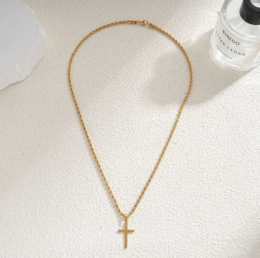 1pc Stainless Steel Cross Pendant Necklace Gold Chain Jewelry for Men Women