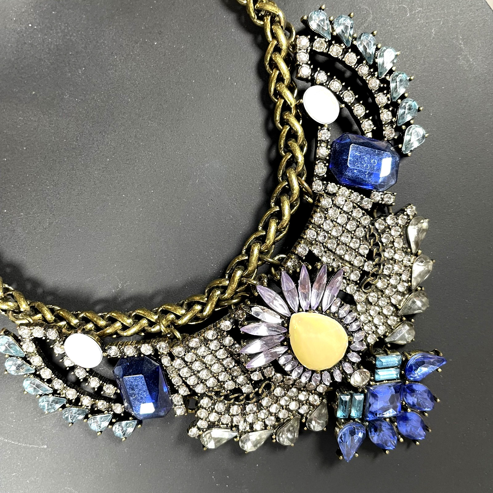 BaubleBar Statement Necklace Blue Crystal Rhinestone Bib Antique Bronze Choker