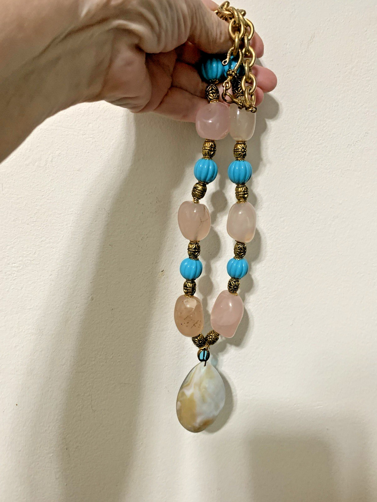 Handcrafted Rose Quartz And Abalone And Mother Pearl Necklace.