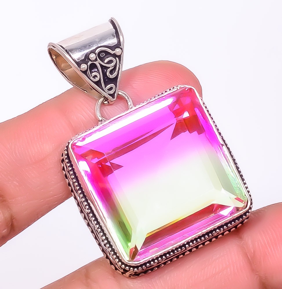 Bi-Color Tourmaline Gemstone 925 Silver Plated Pendant Jewelry 1.8″ S2632