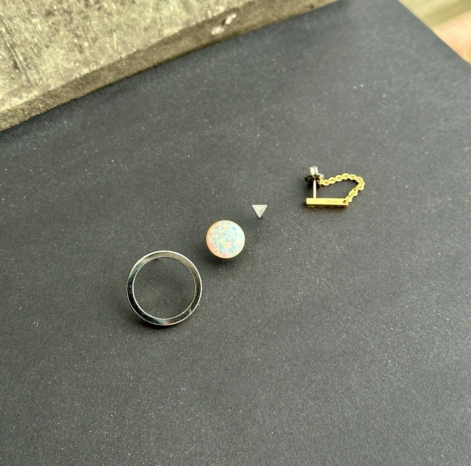 Lot of Tini Lux Single Earrings Opal, Circle, Triangle Stud, Silver Gold Chain