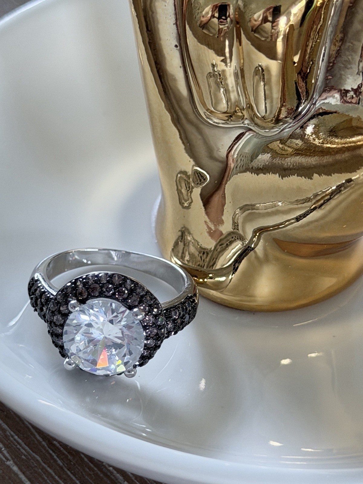 Silver Plated Silver Tone Cocktail Statement Ring Size 6 Round White CZ Halo