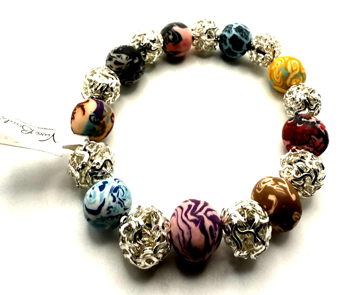 NWT VIVA BEADS Festival Multicolor Handmade Clay Beaded Stretch Bracelet