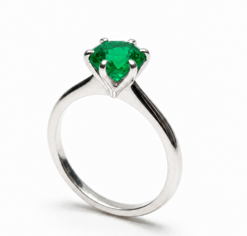 925 Sterling Silver Round Green Emerald 1.20CT Solitaire Engagement Ring