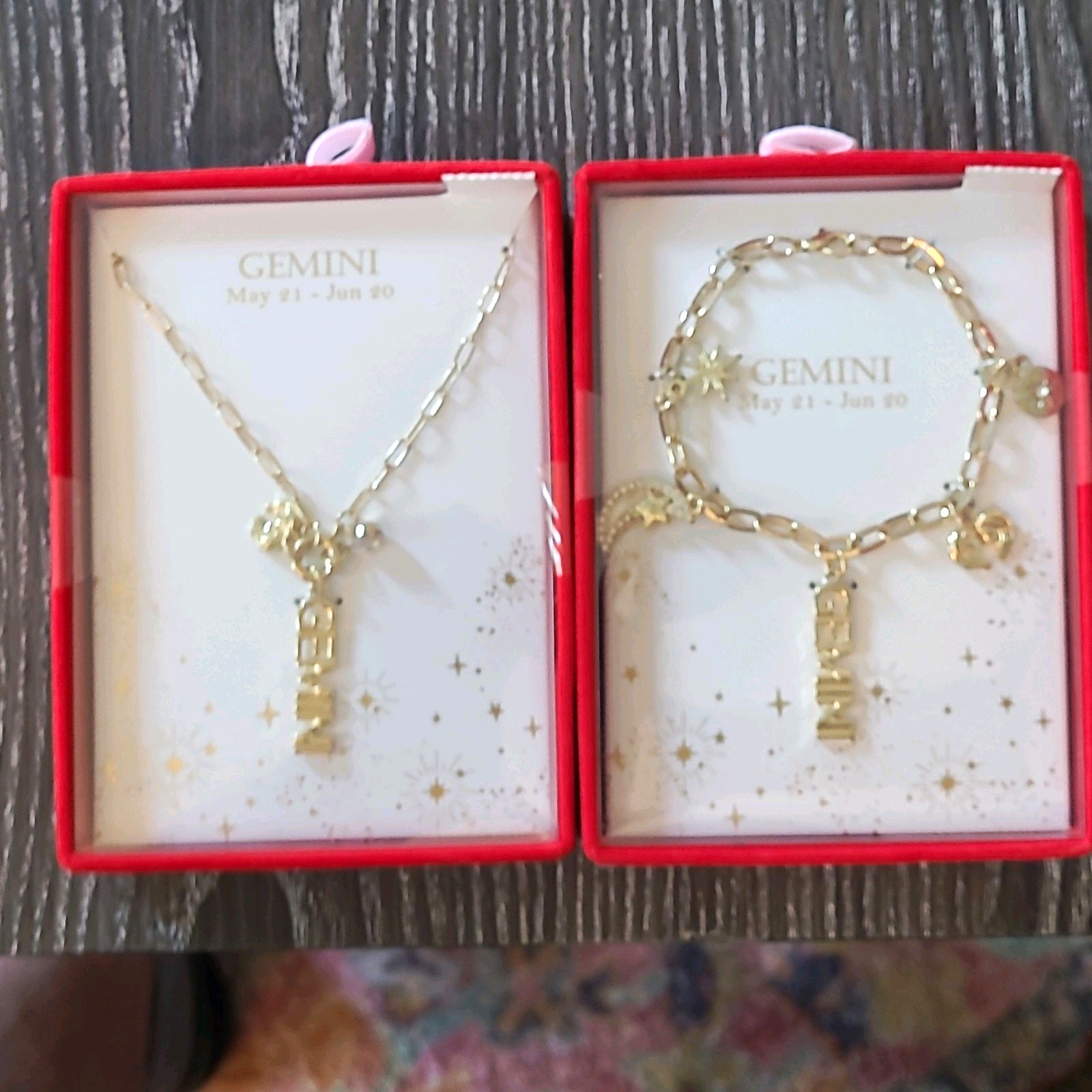 Gemini Zodiac Celestial Gold Tone Metal Jewelry Set Necklace & Bracelet