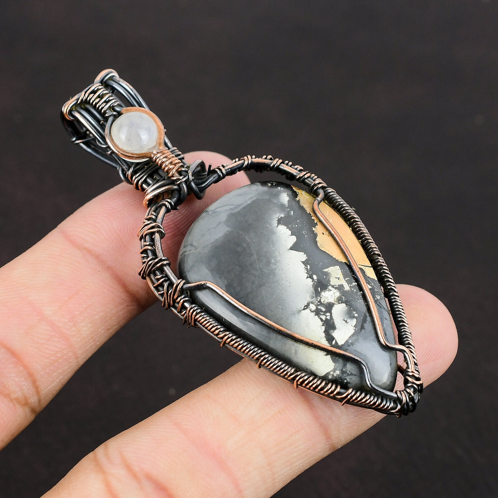 Maligano Jasper Gemstone Jewelry Copper Mother Gift Wire Wrapped Pendant 2.91″