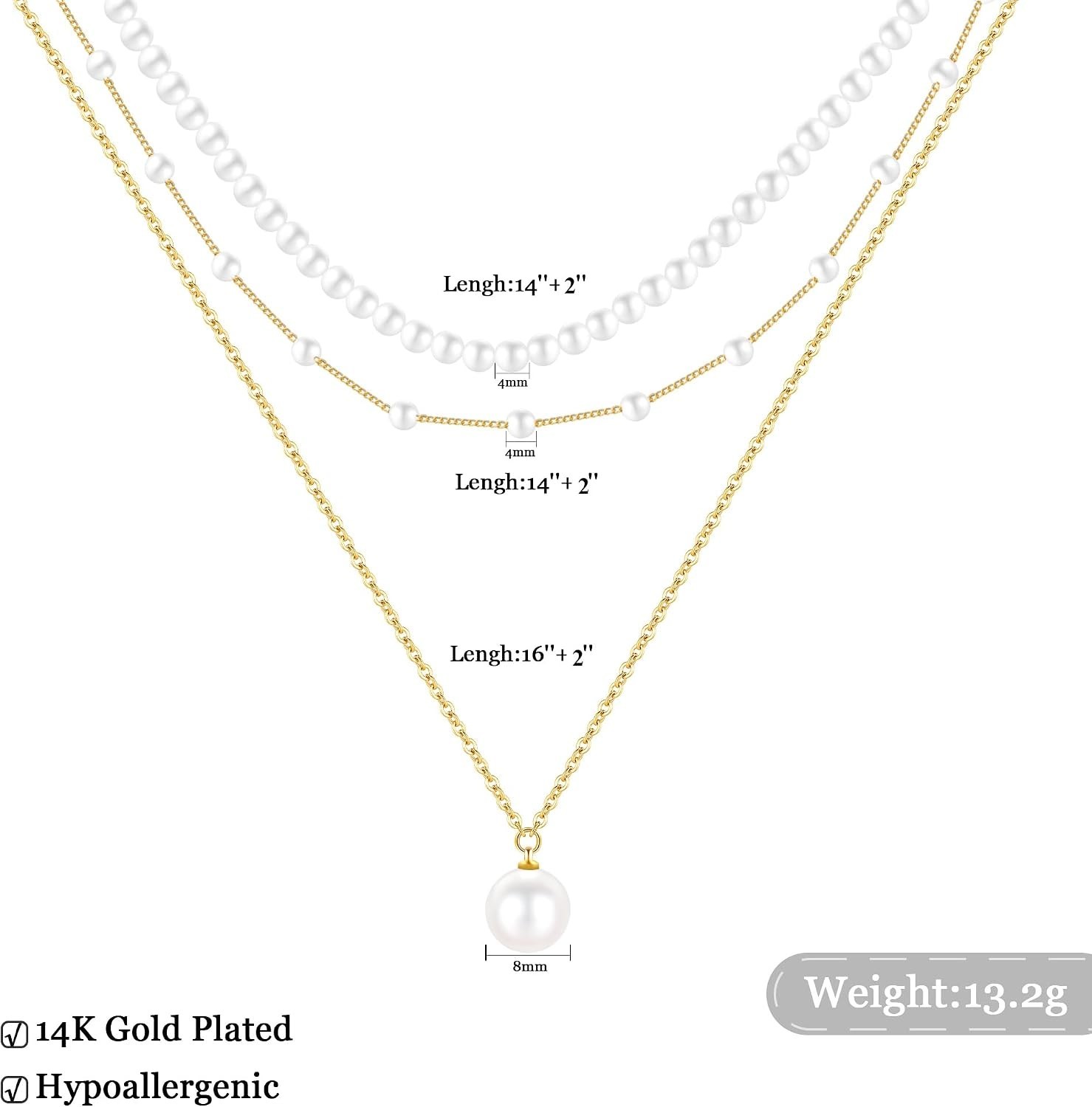 14K Gold Plated Pearl Necklace Set – Adjustable Layered Jewelry for Bridesmaids
