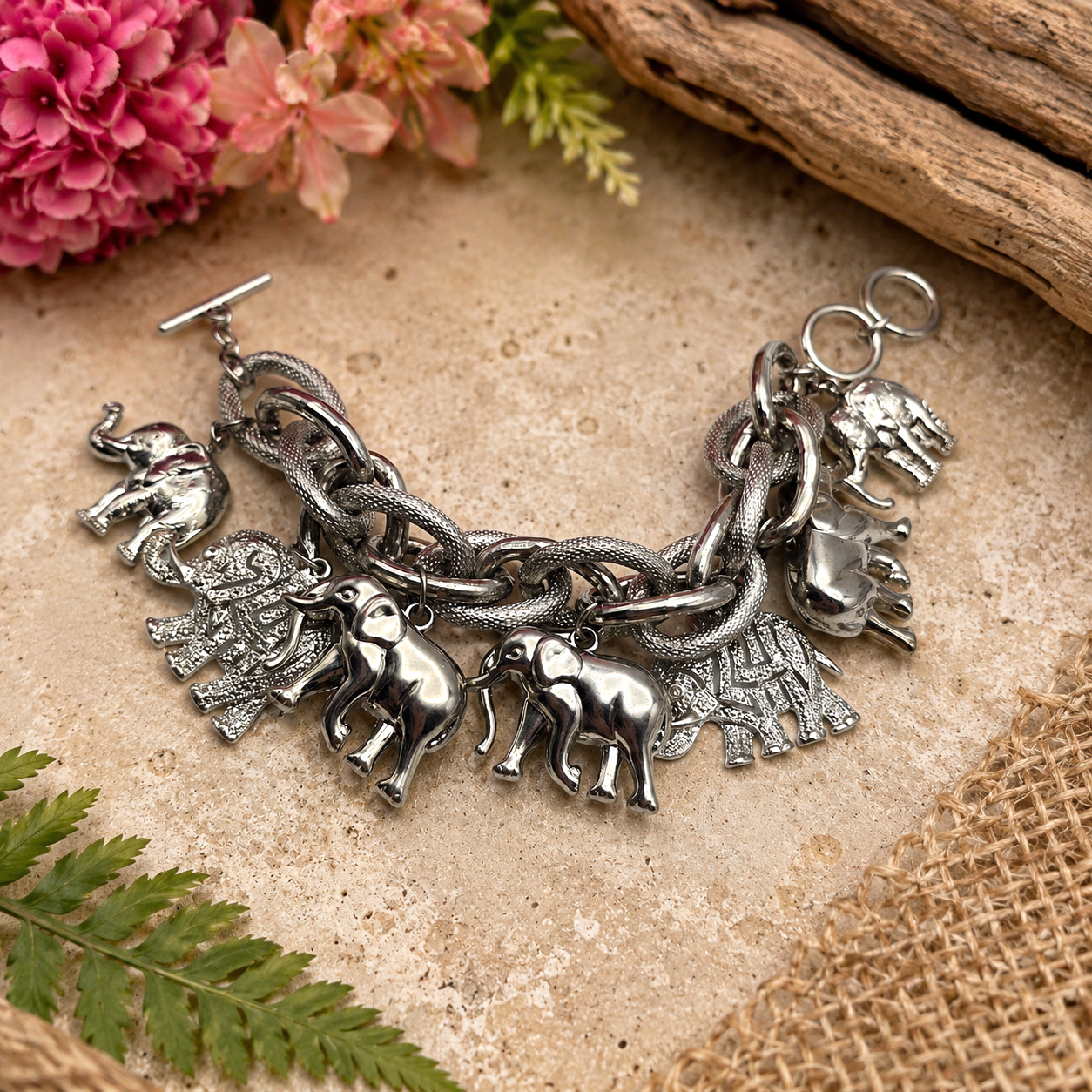 Silver Tone Elephant Charm Toggle Bracelet Textured Chunky Link 6-7 In Adj