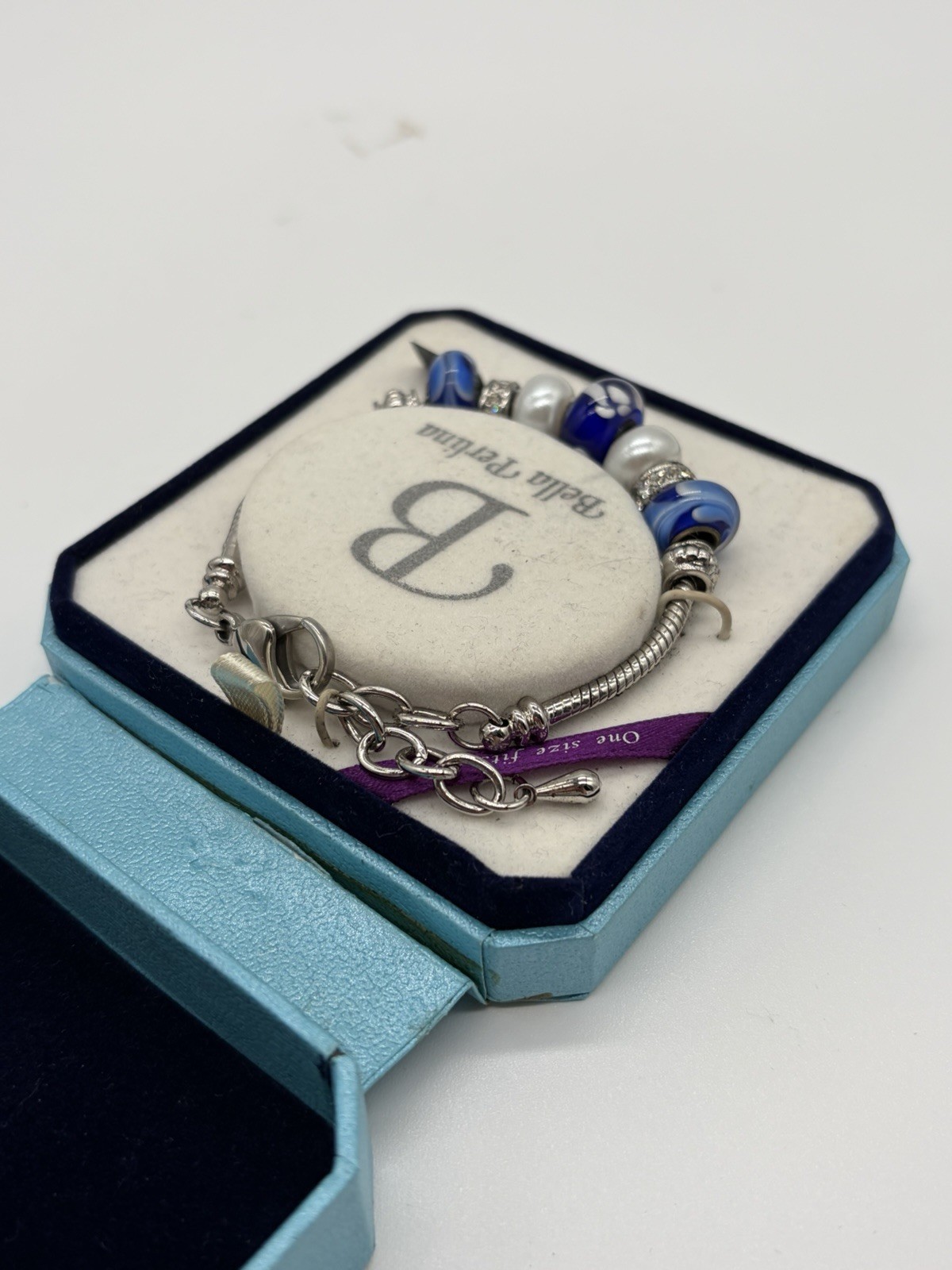 Bella Perlina Charm & Bead Bracelet -Silver Tone Crystal Blue Glass – One Size
