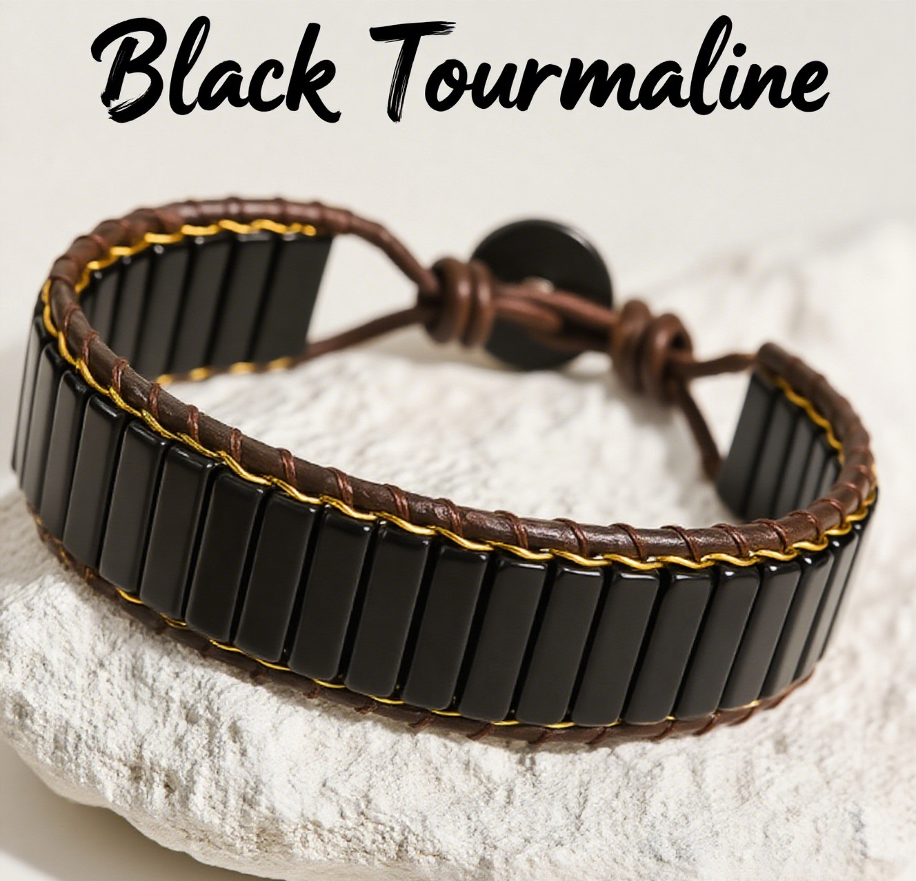 Natural Black Tourmaline Bracelet Tube Beads Healing Crystal Leather Bracelet