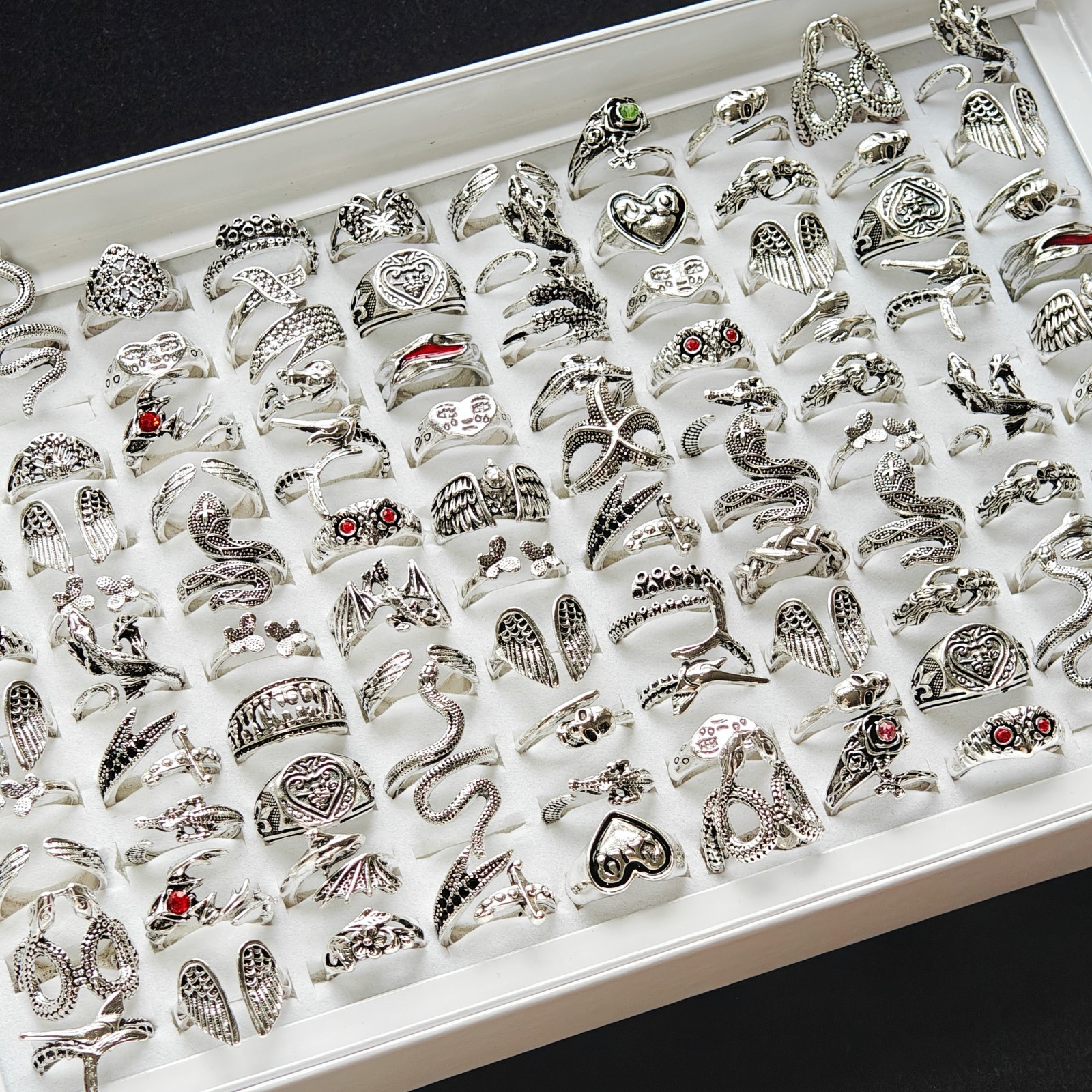 Bulk Lot 25/50pcs Gothic Y2K Rings Mix Design Silver Tone Open Animals Punk Gift