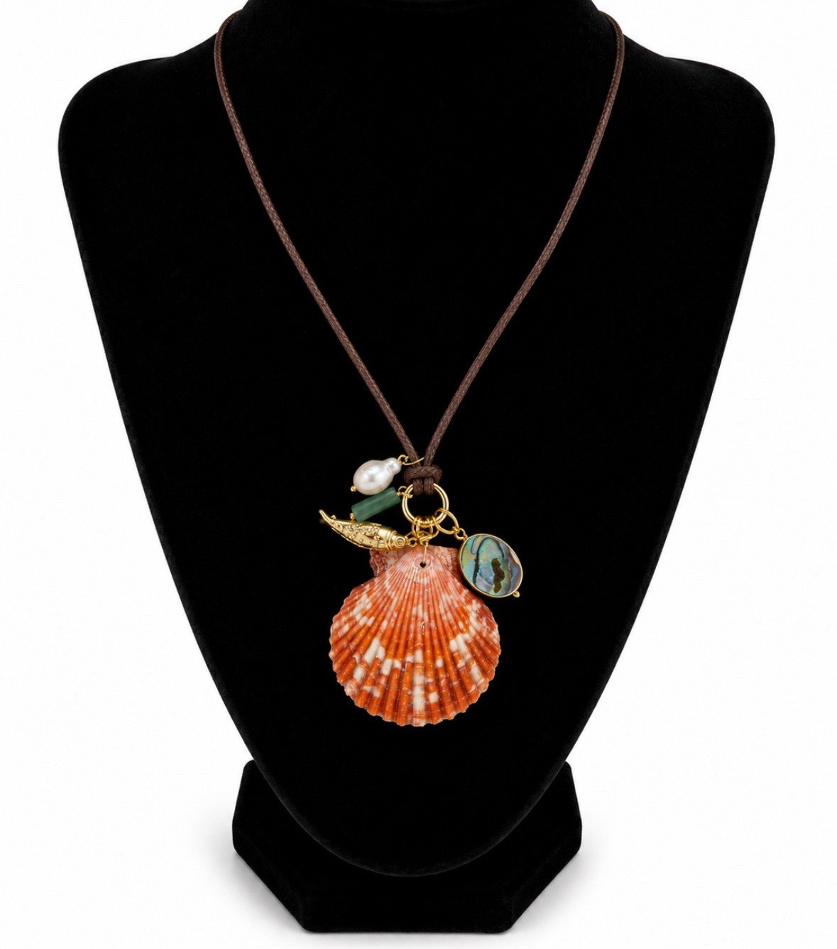 18K Gold Plated Necklace w/ Orange Fan Shell Charm Pendant, Beach Sea Life Theme