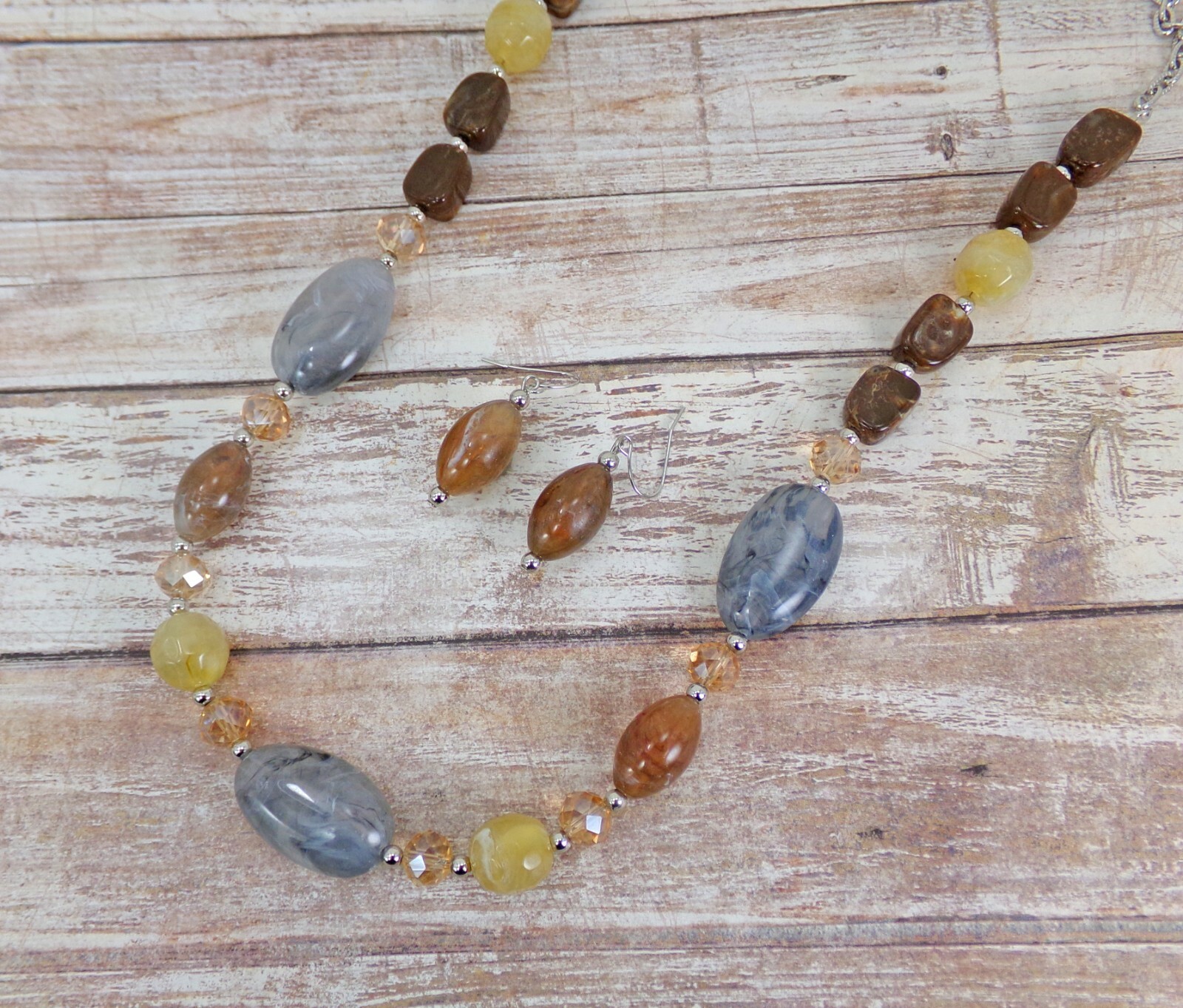 Multicolor Neutral Bead Necklace Earring Set Brown Beige Gray Statement jewelry