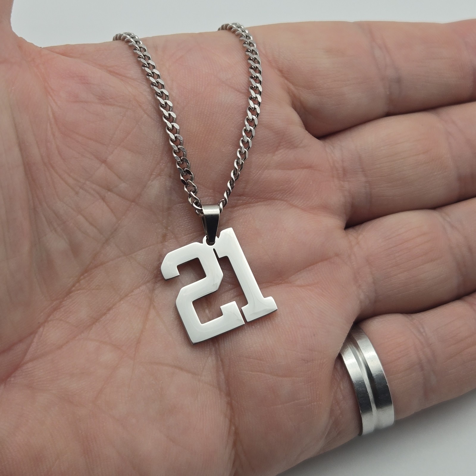 #21 BASEBALL FOOTBALL NUMBER Pendant Charm / 18″-24″ STAINLESS CHAIN NECKLACE