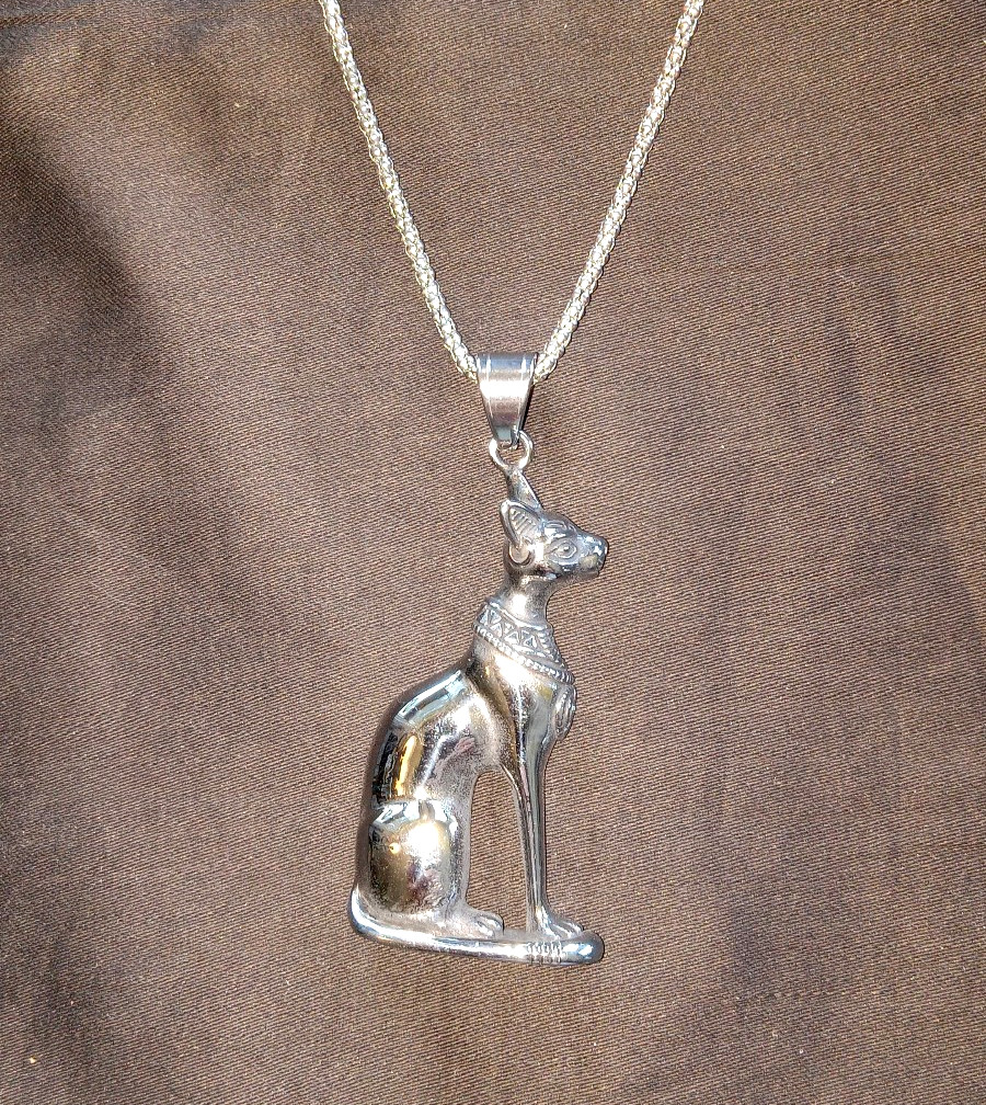 Ancient Egyptian Cat Bastet Silverplated Dramatic Large Pendant, Egyptian Bast