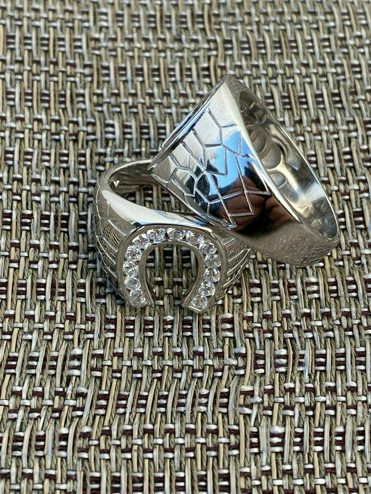 Men’s Real Solid 925 Sterling Silver Lucky Horseshoe Ring Iced CZ Hip Hip Pinky