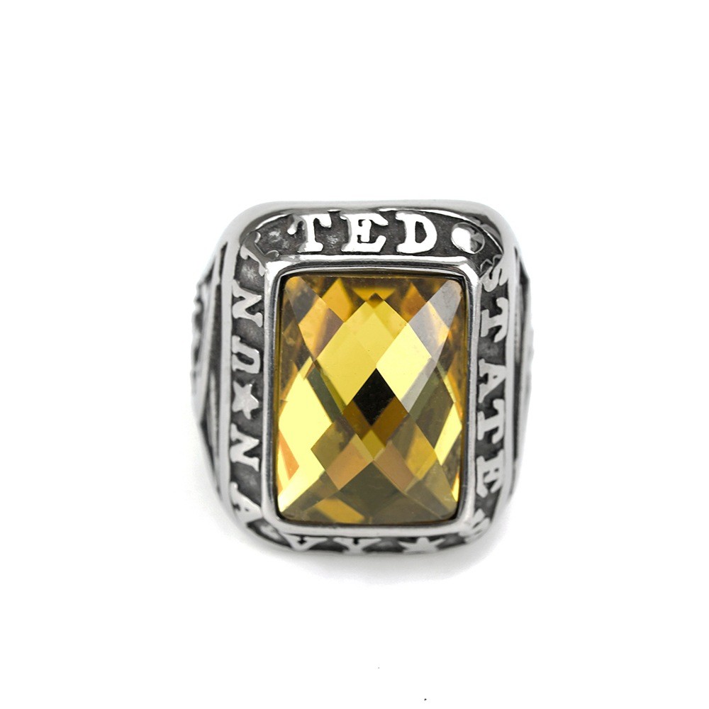 United States Navy Ring Hip-Hop Stainless Steel Double Gun Yellow Gemstone Ring